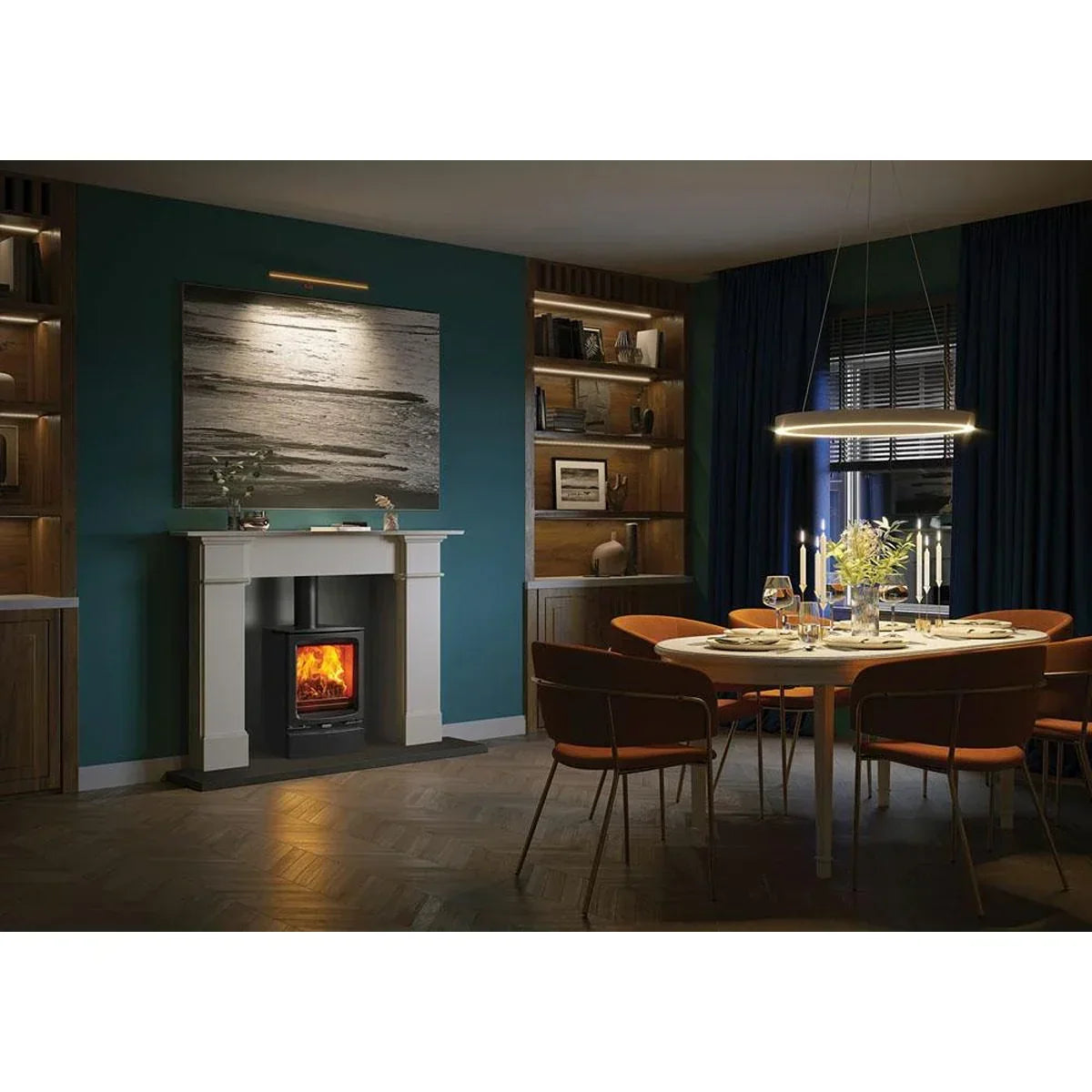 Modern dining room set with round table, orange chairs, and wall-mounted electric fireplace