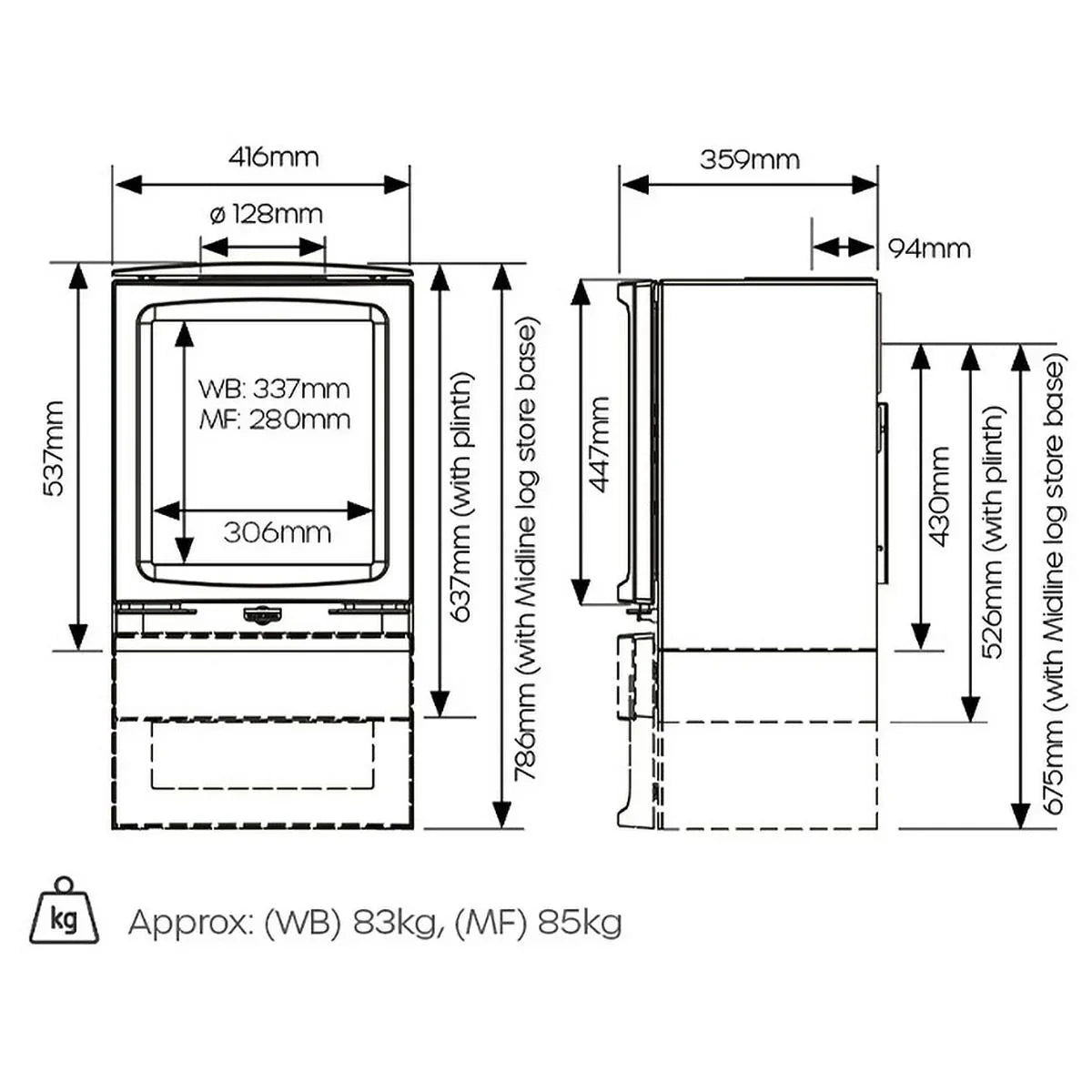Wood burning stove technical diagram with measurements and dimensions shown from front and side