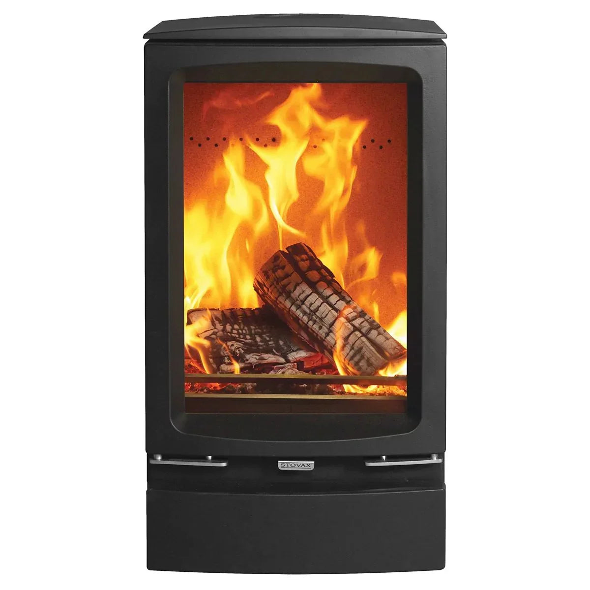 Black wood burning stove with glass door showing burning logs and bright flames