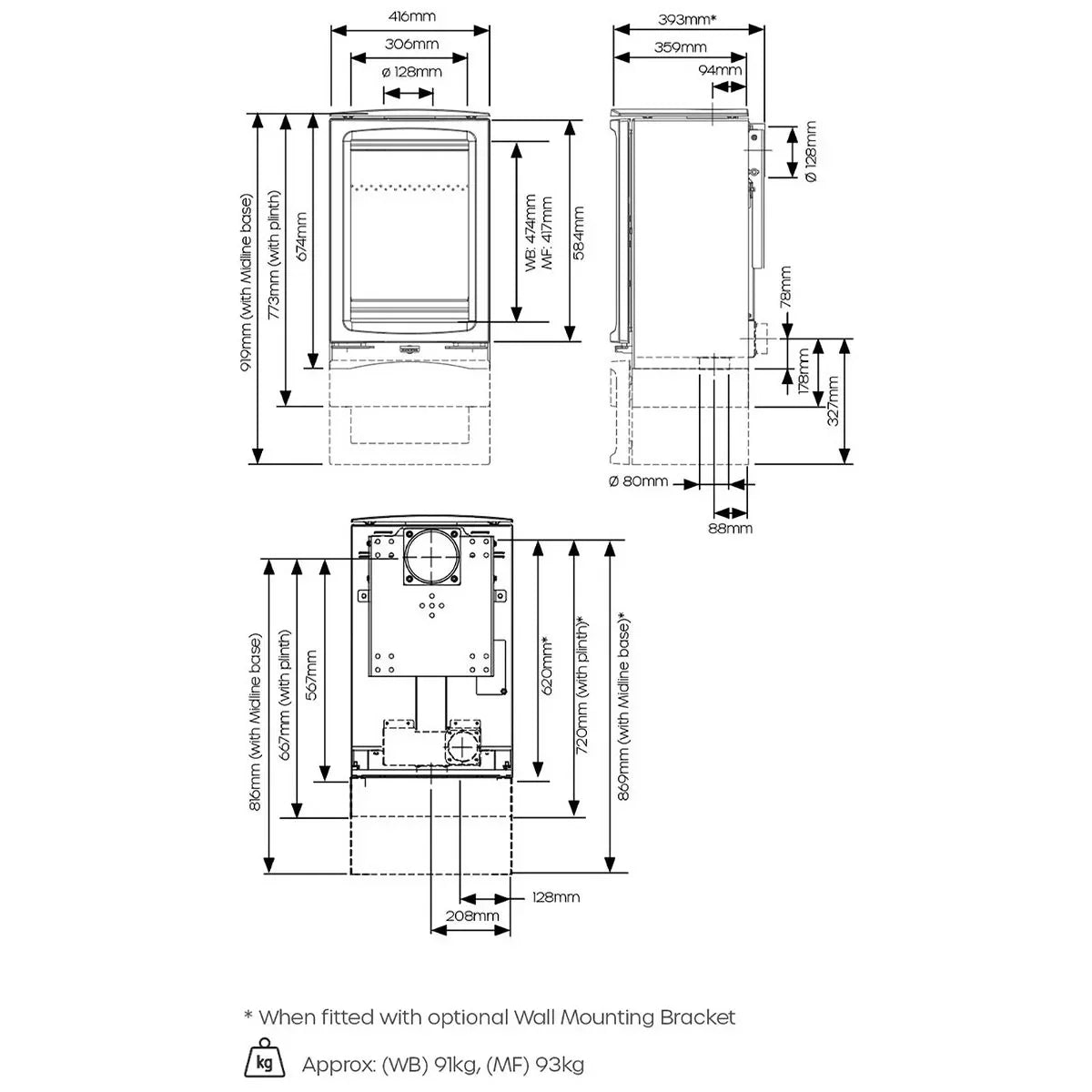 Wood burning stove technical diagram with dimensions and measurements in millimeters