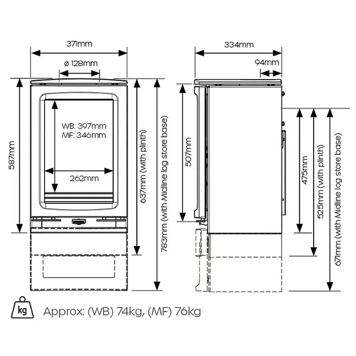 Stove technical drawing with front and side dimensions and weight specifications