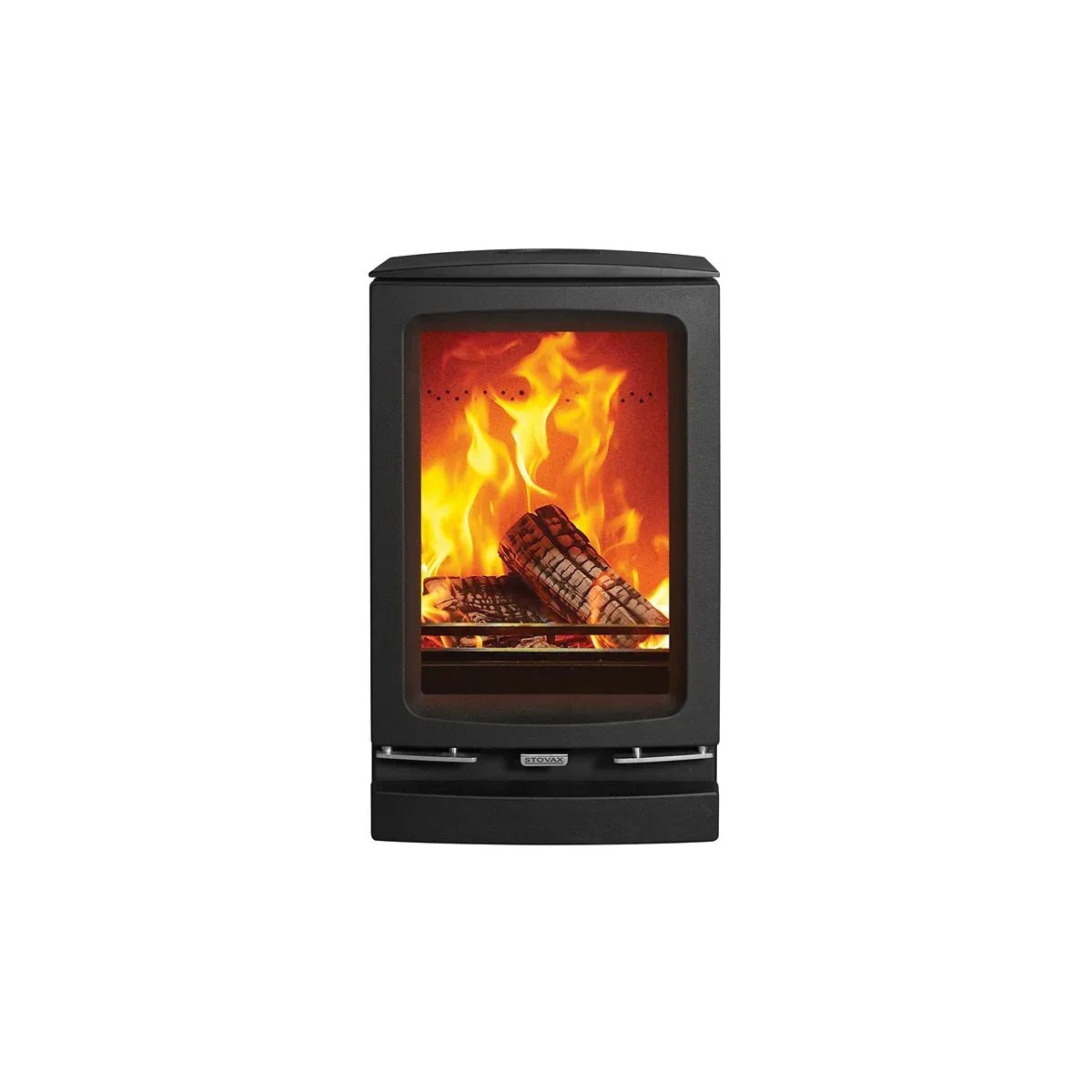 Black wood burning stove with visible log fire through glass front door