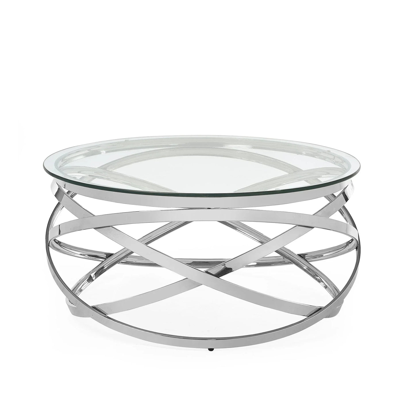 Round glass coffee table with chrome metal frame and intersecting base design