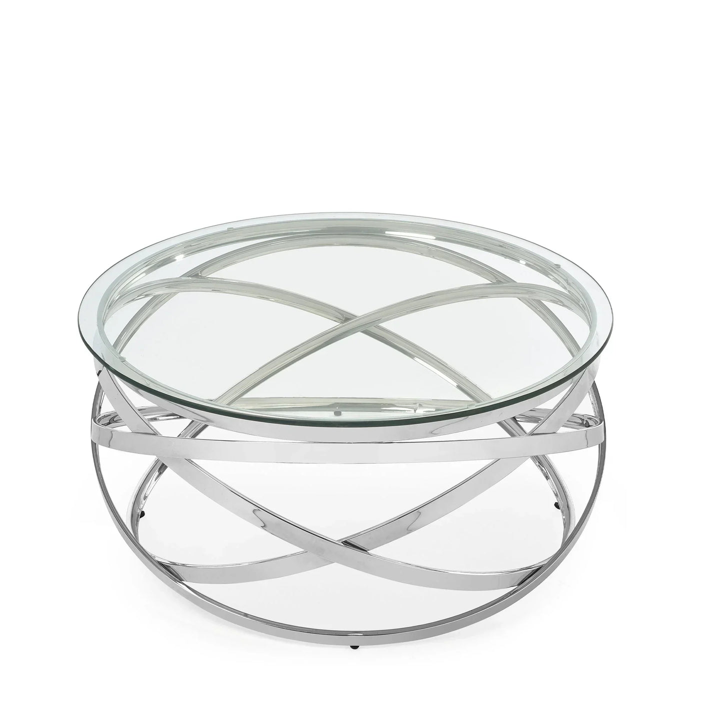 Round glass coffee table with intersecting chrome metal base on white background