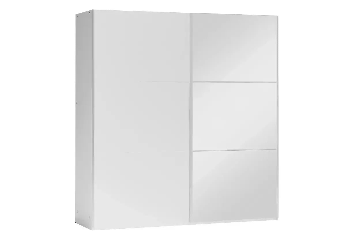 White sliding door wardrobe with mirrored panels, modern design, front angle view