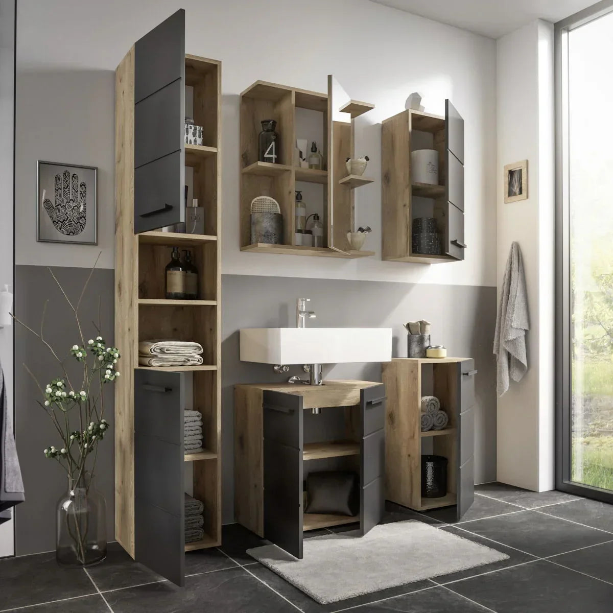 Modern bathroom furniture set in oak and matte grey with storage cabinets and vanity unit