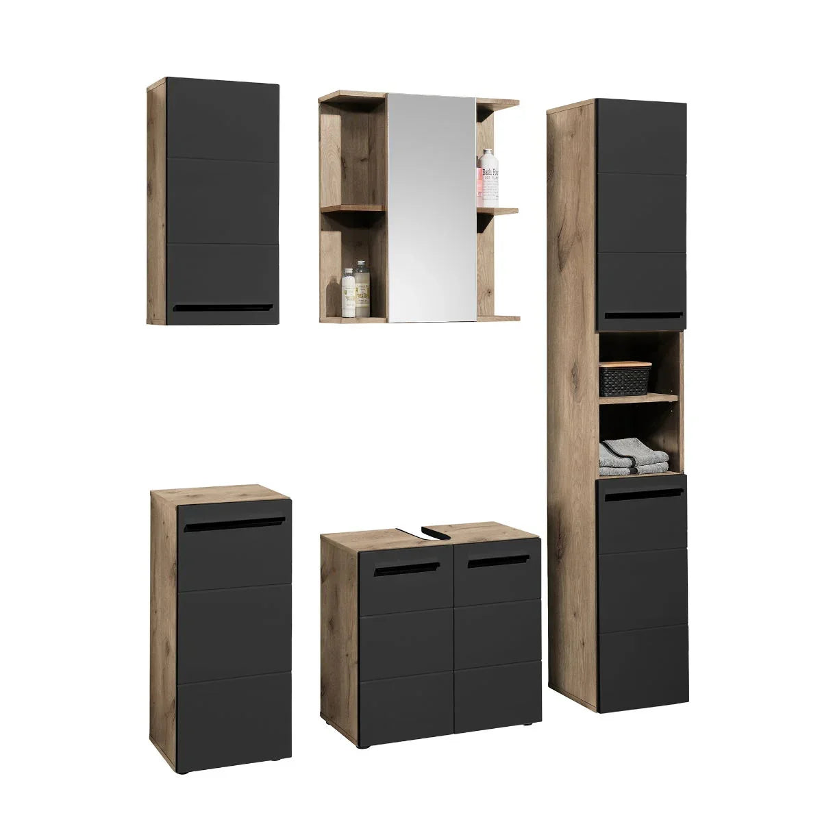 Modern bathroom furniture set with black doors and oak finish, including mirror cabinet and storage