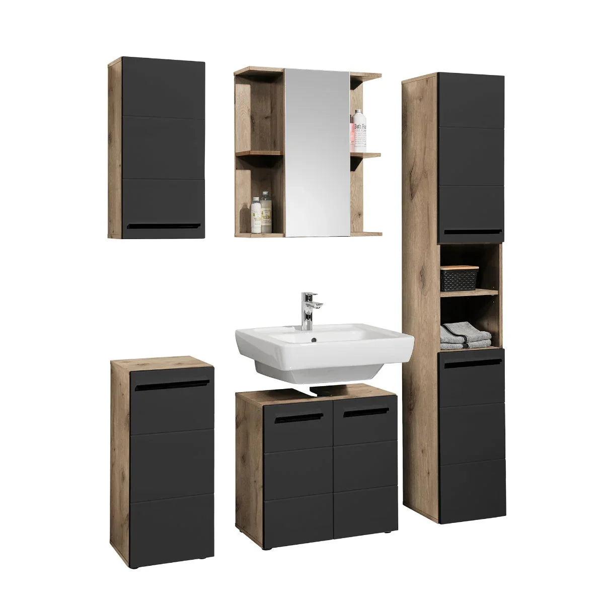 modern bathroom furniture set with black matte cabinets, wood finish and mirror cabinet