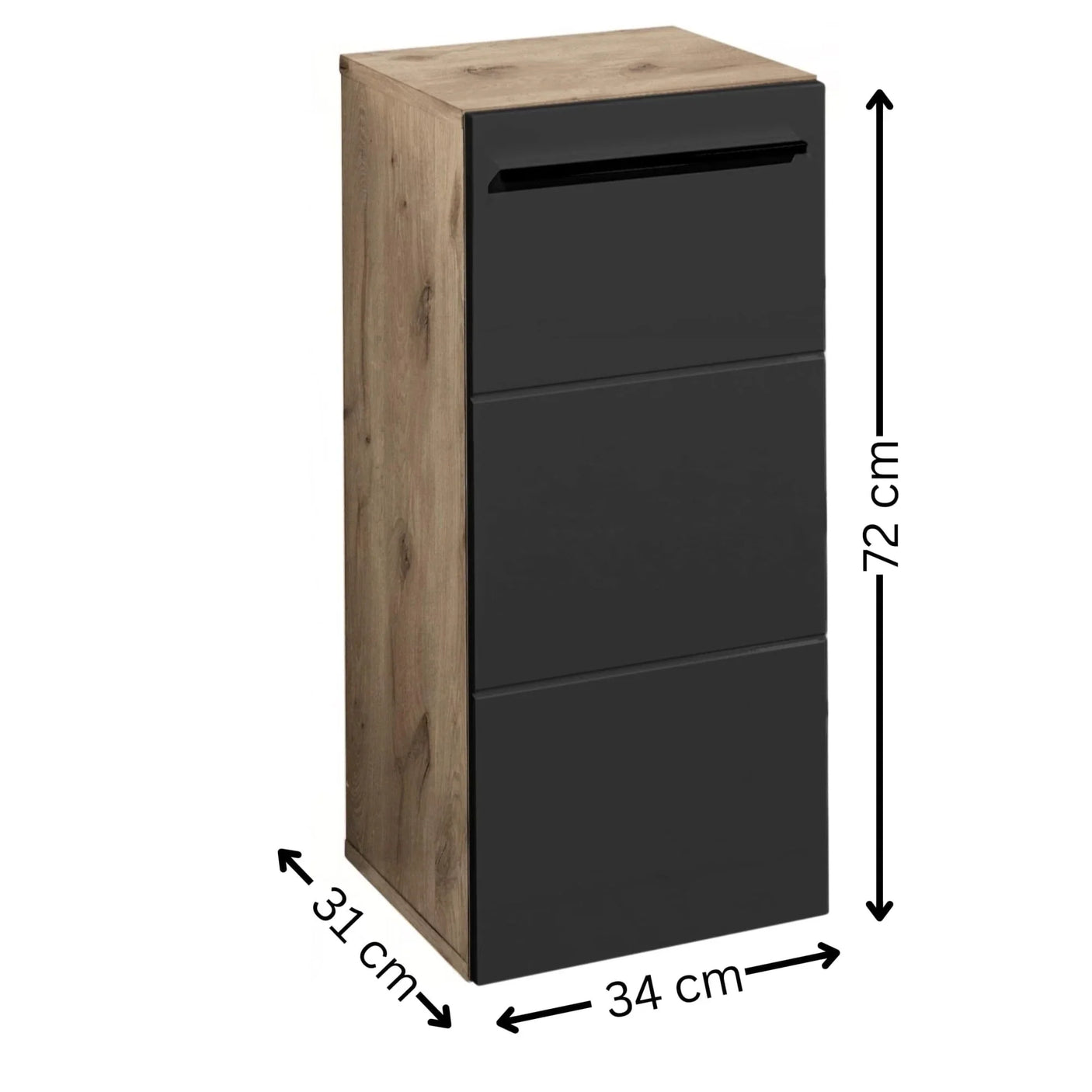 Black and oak effect shoe cabinet with three drawers, labelled dimensions 72x34x31cm