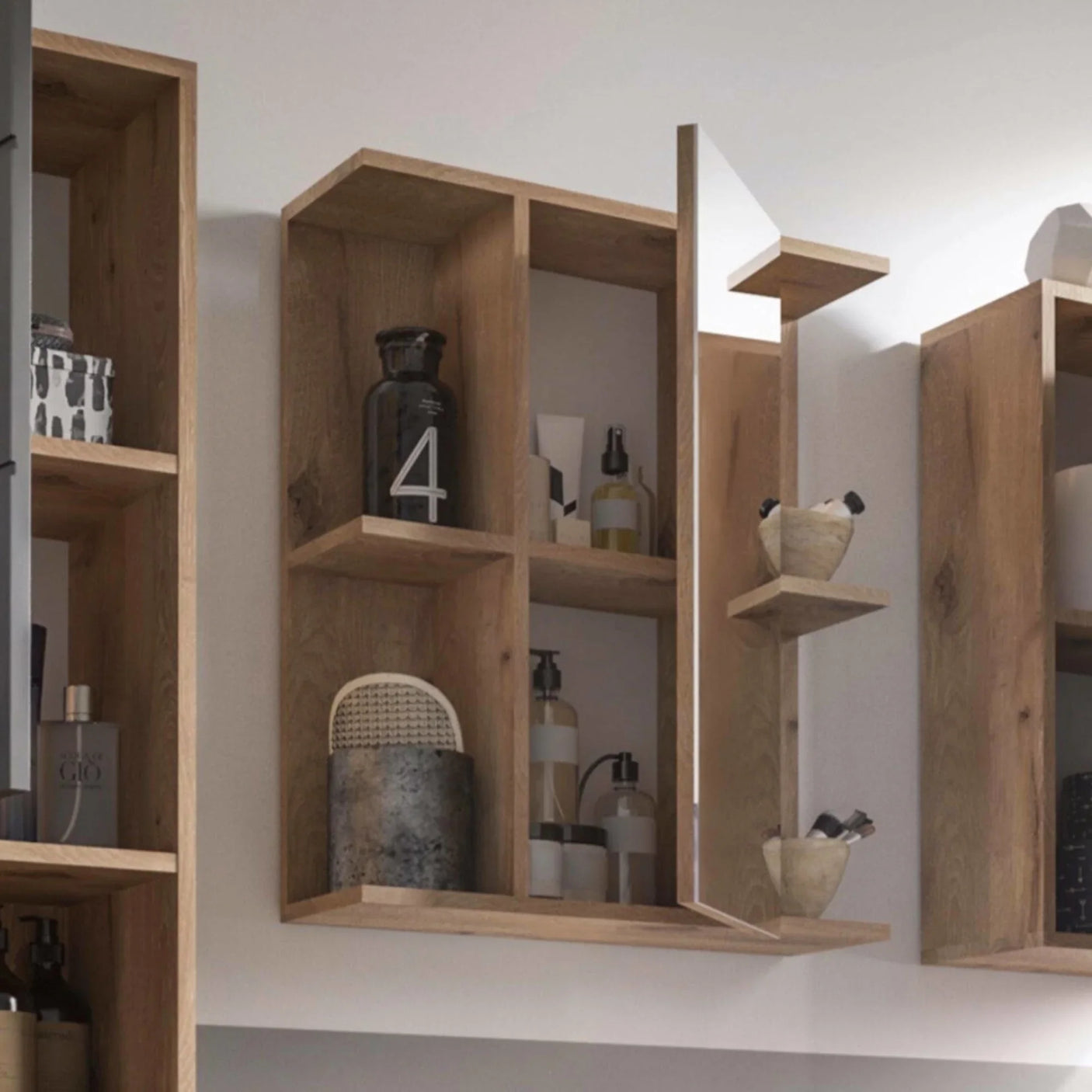 oak wall mounted bathroom cabinet with open shelves and decorative accessories