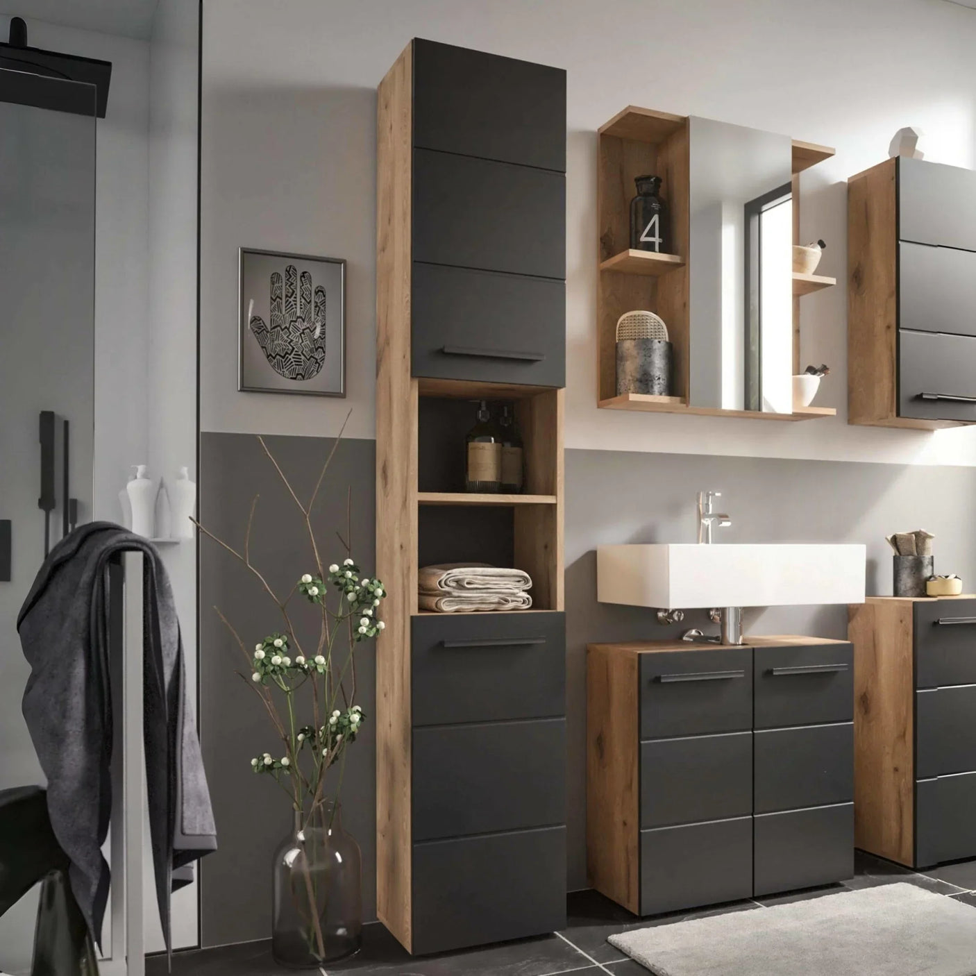 Tall oak and matte black bathroom storage cabinet with open shelves and closed drawers