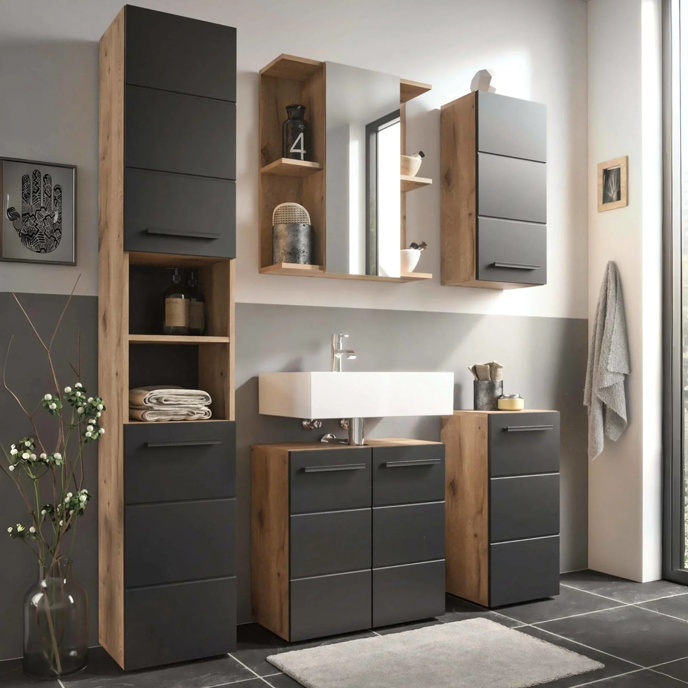Modern bathroom furniture set with matte black and oak cabinets, wall units and countertop basin