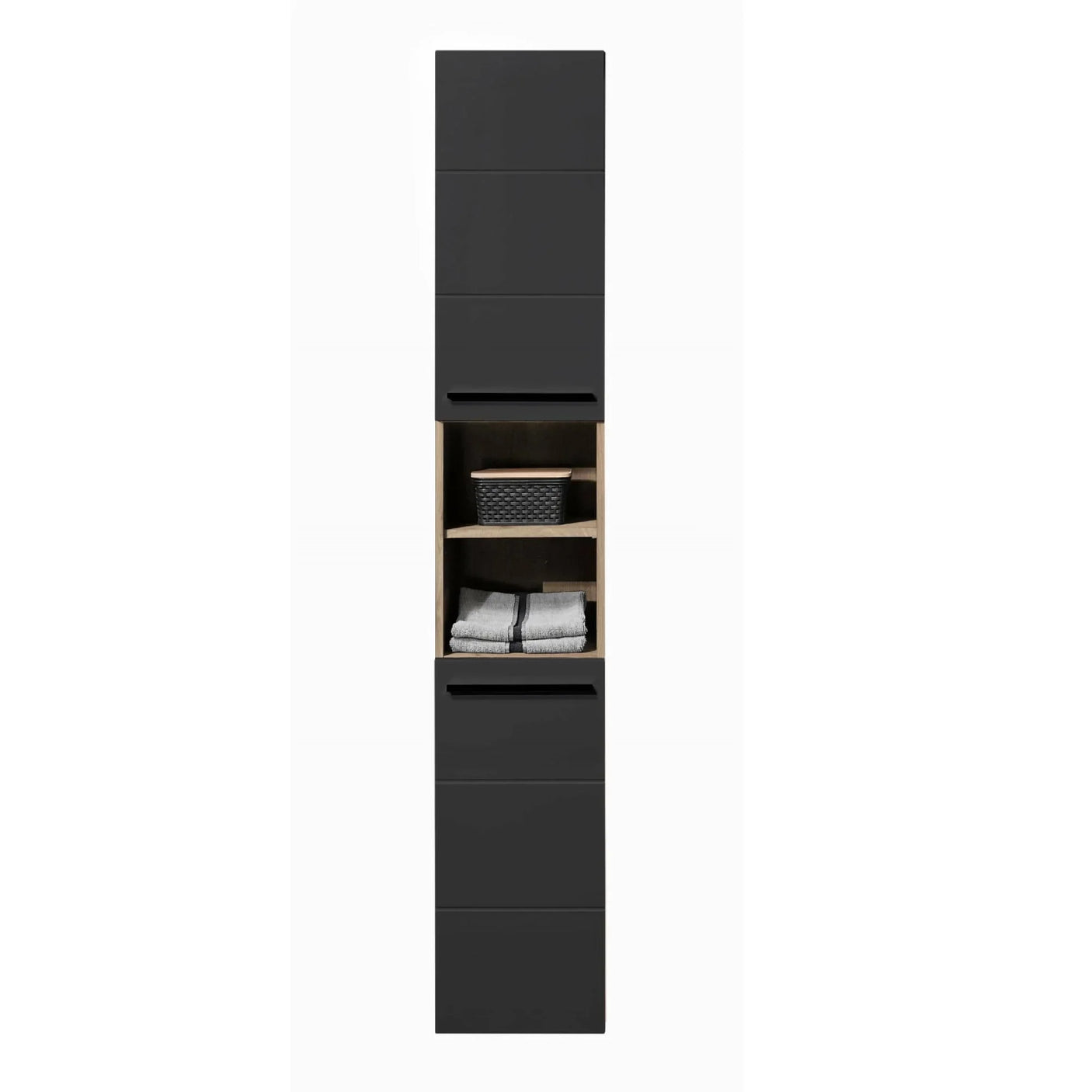 Tall black storage cabinet with open oak shelves holding a basket and folded towels