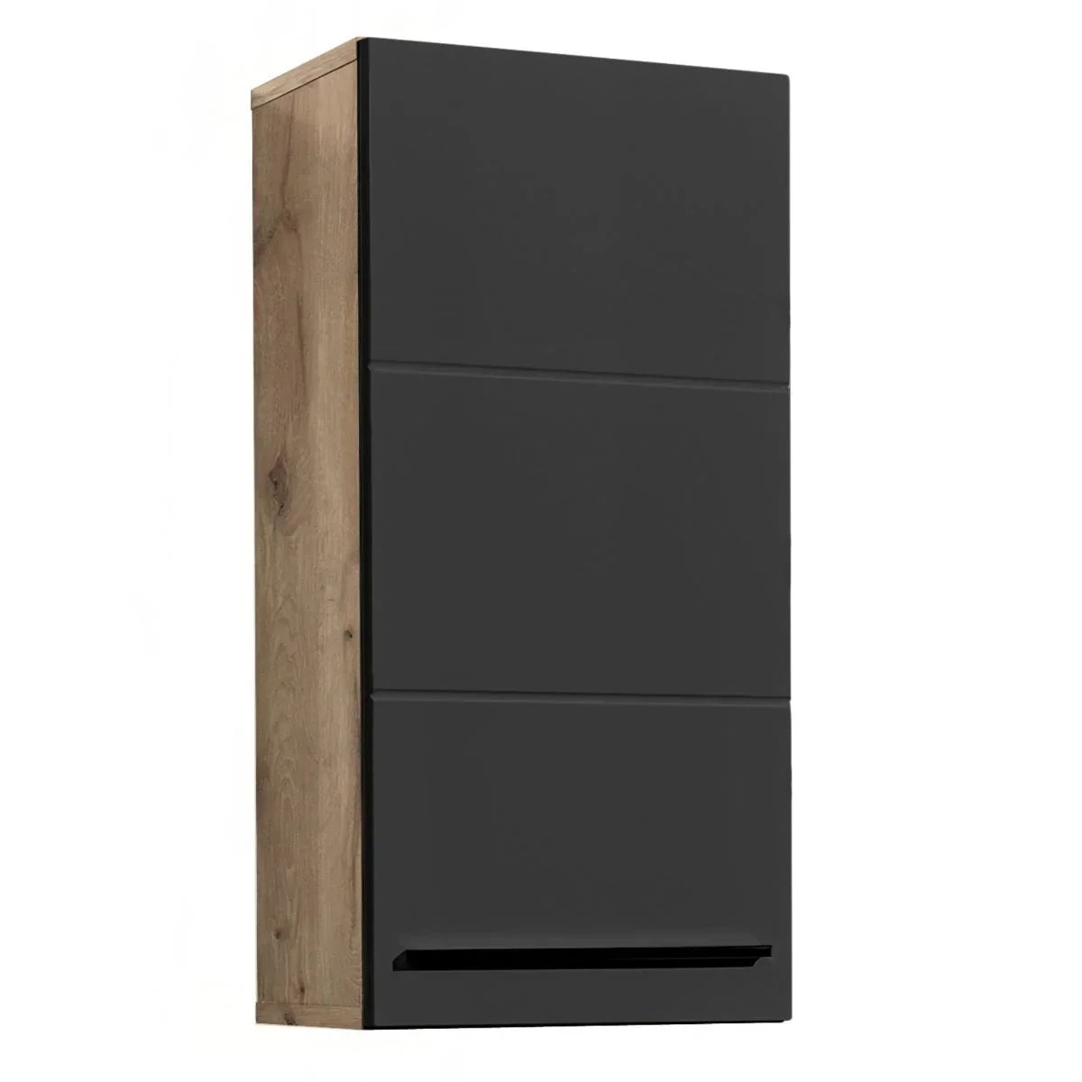 Black and wood wall unit with matte finish and horizontal handle, front angle view