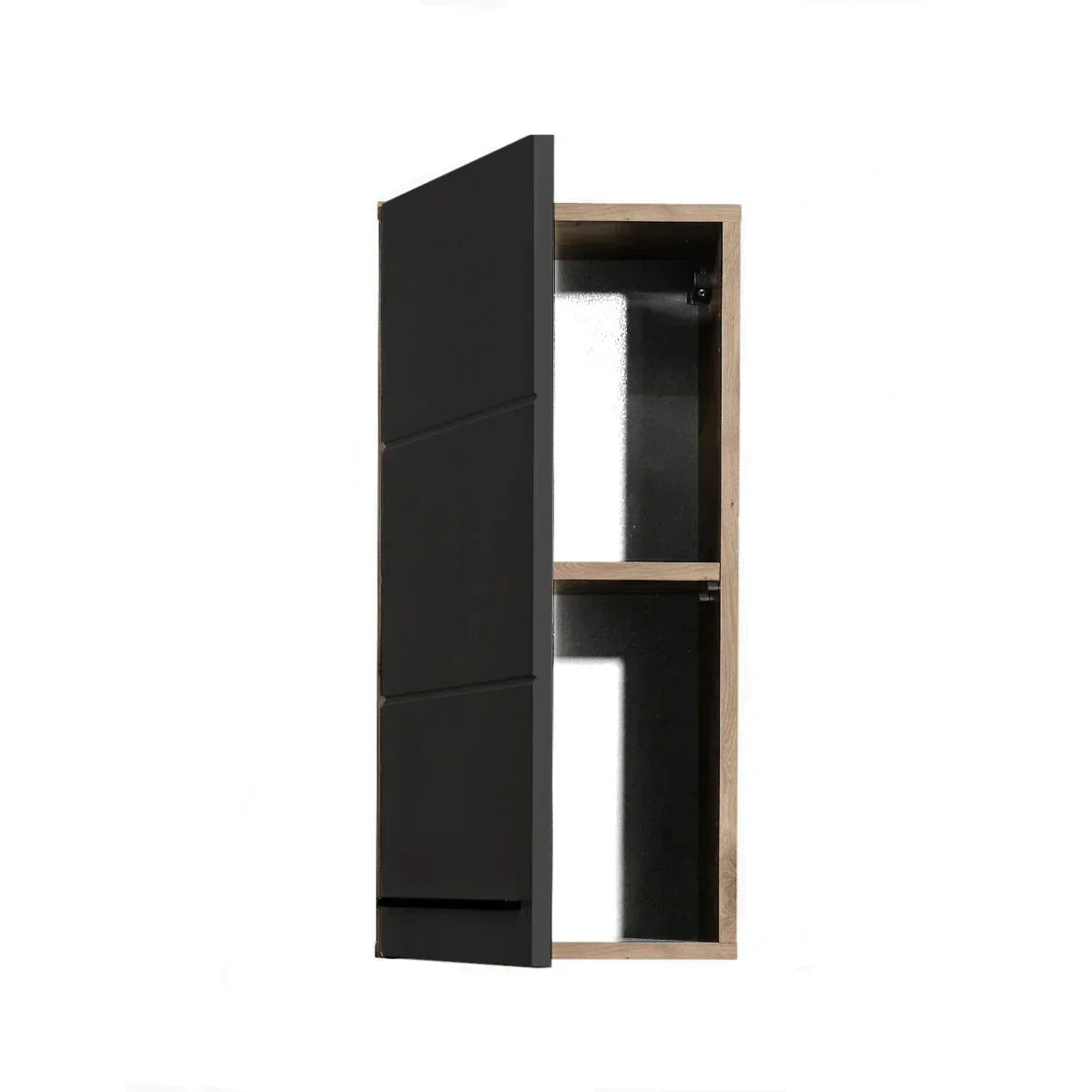 Black wall unit cabinet with open door, wood frame, interior shelf and modern design
