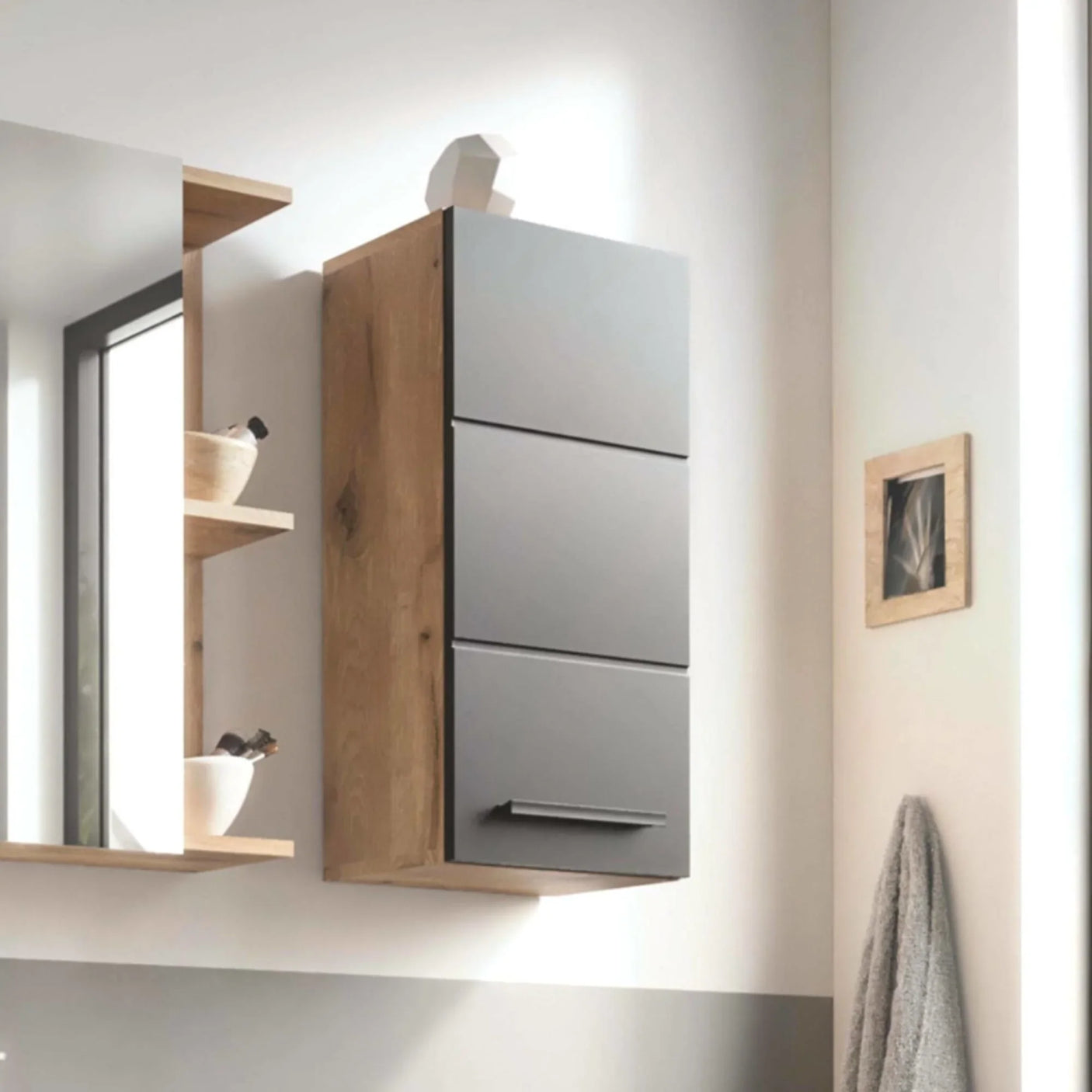Wall mounted bathroom cabinet with wood sides and matte grey doors