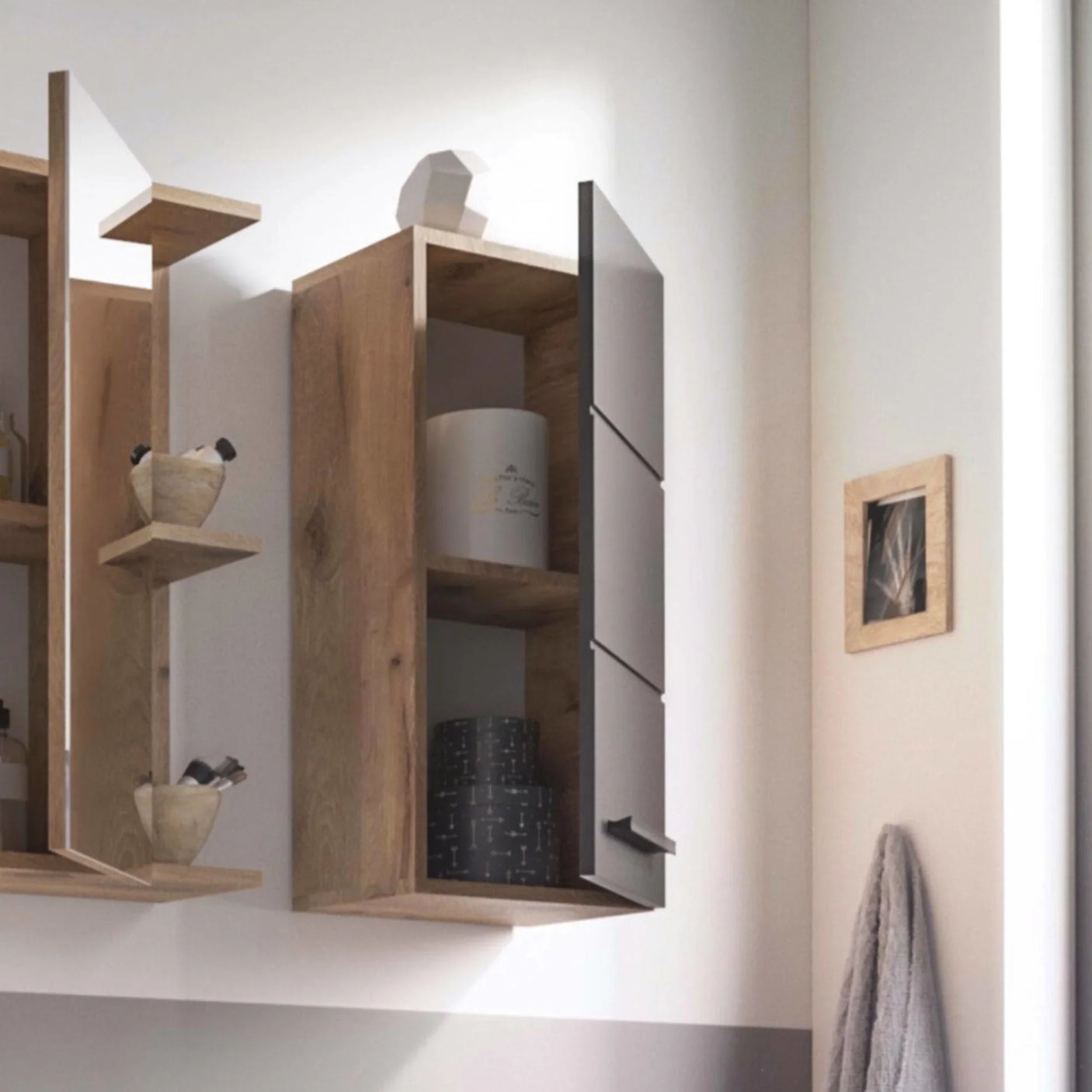 Oak wall cabinet with open shelves and grey door in modern bathroom