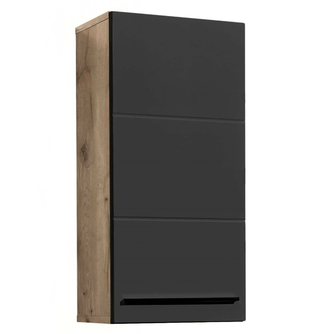 Tall black wall cabinet with wood side panel and modern handle
