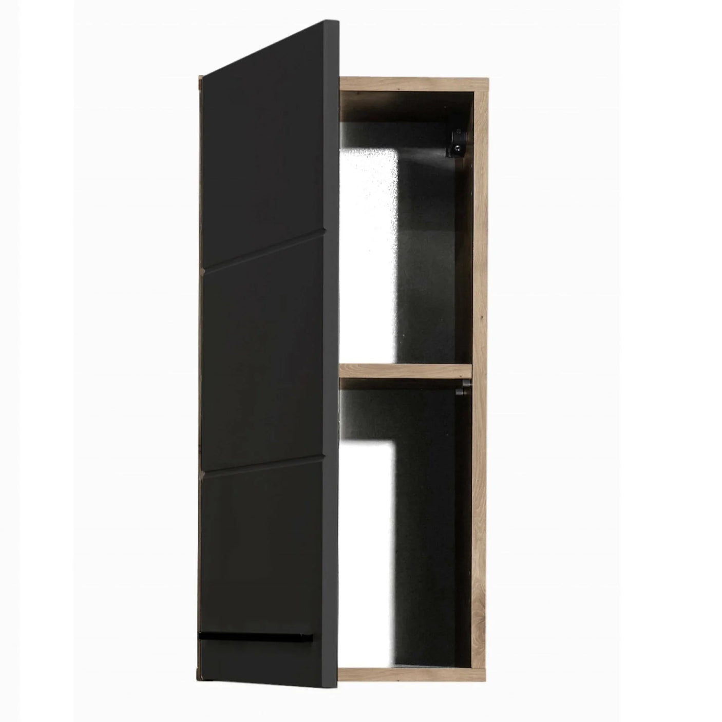 Black wall cabinet with open door, wood frame and two shelves, modern design