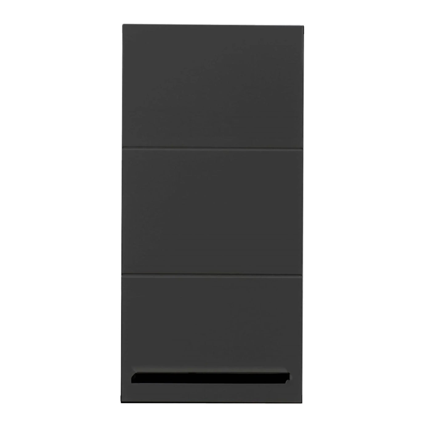 Matte black three drawer chest with integrated handle, front view