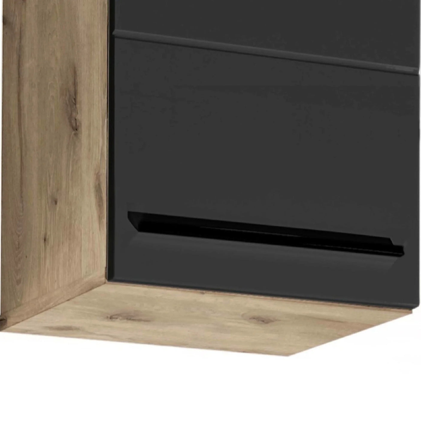 Close up of a wood and black gloss cabinet corner with modern handle detail