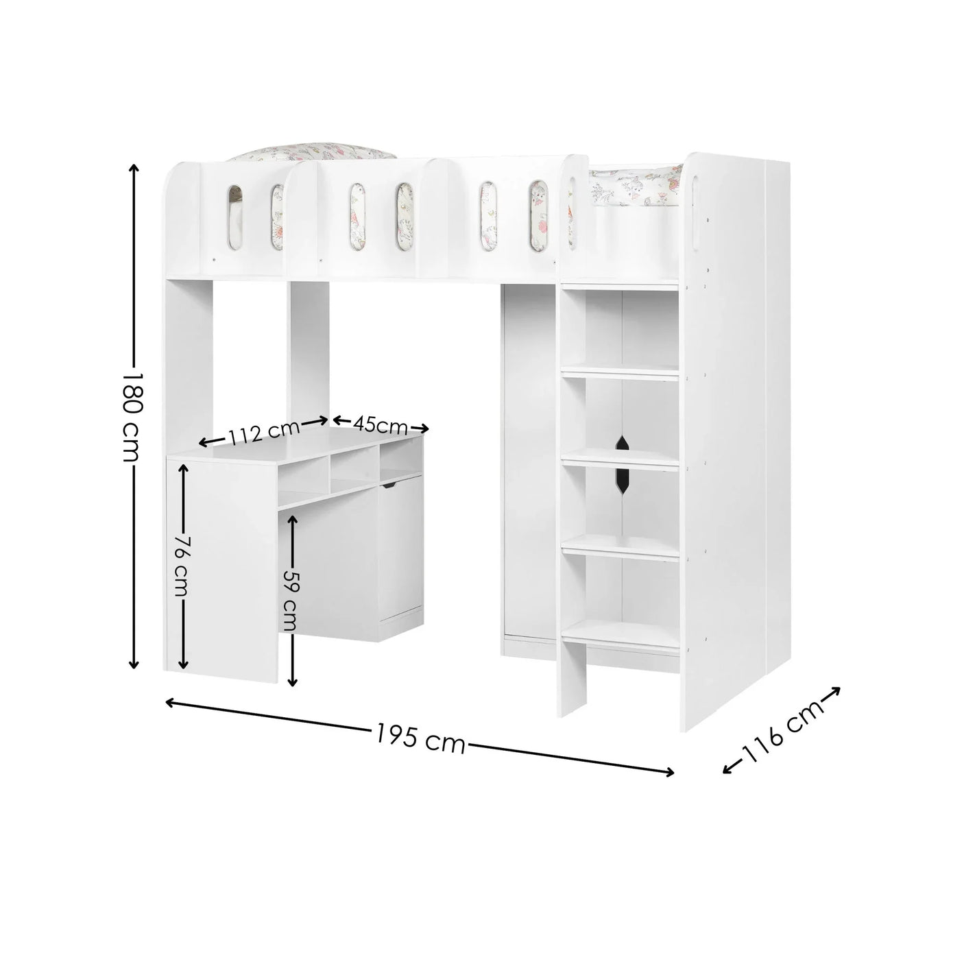 White loft bed with desk, shelves and wardrobe, labeled dimensions in centimeters