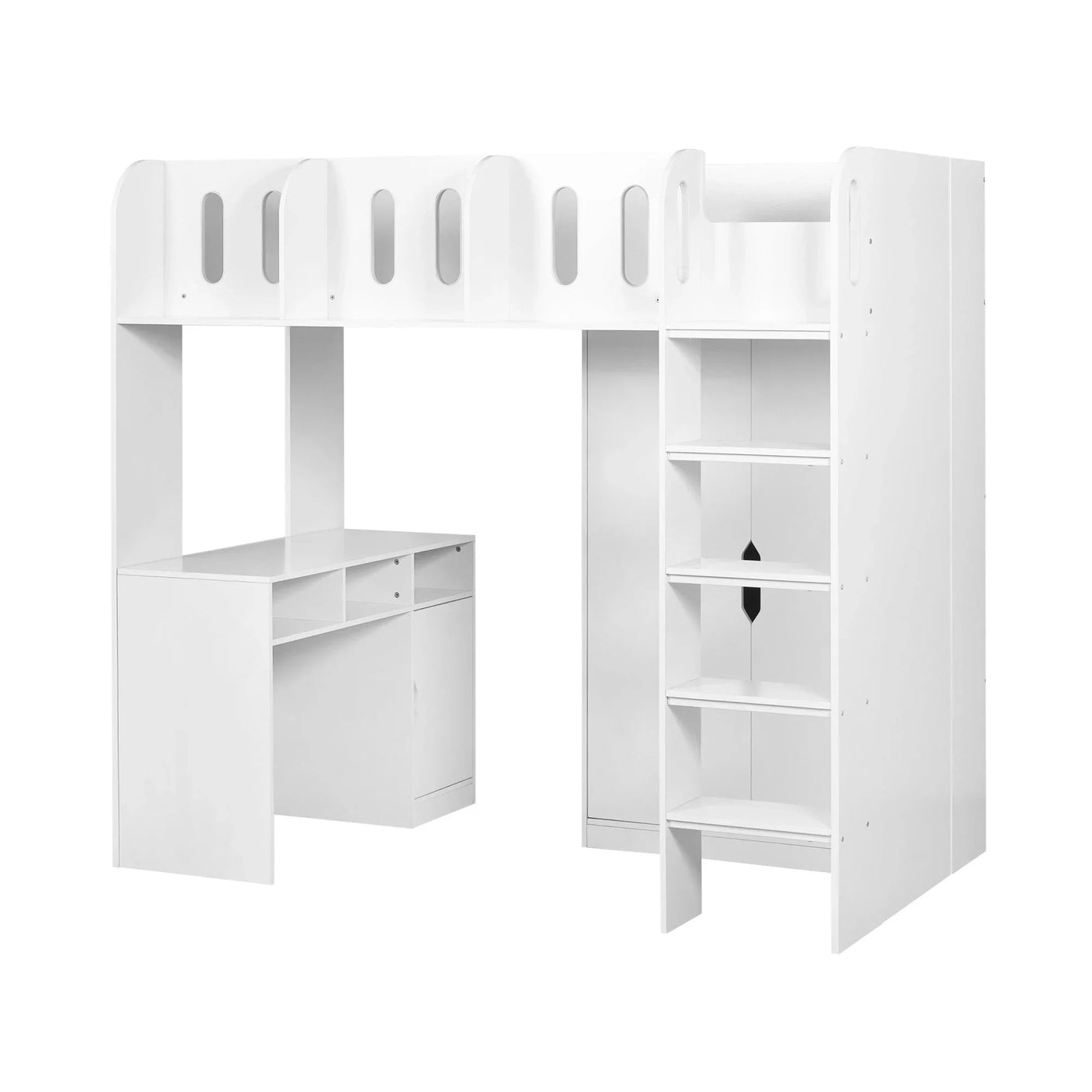 White loft bed with integrated desk, shelves and wardrobe for compact kids bedroom storage