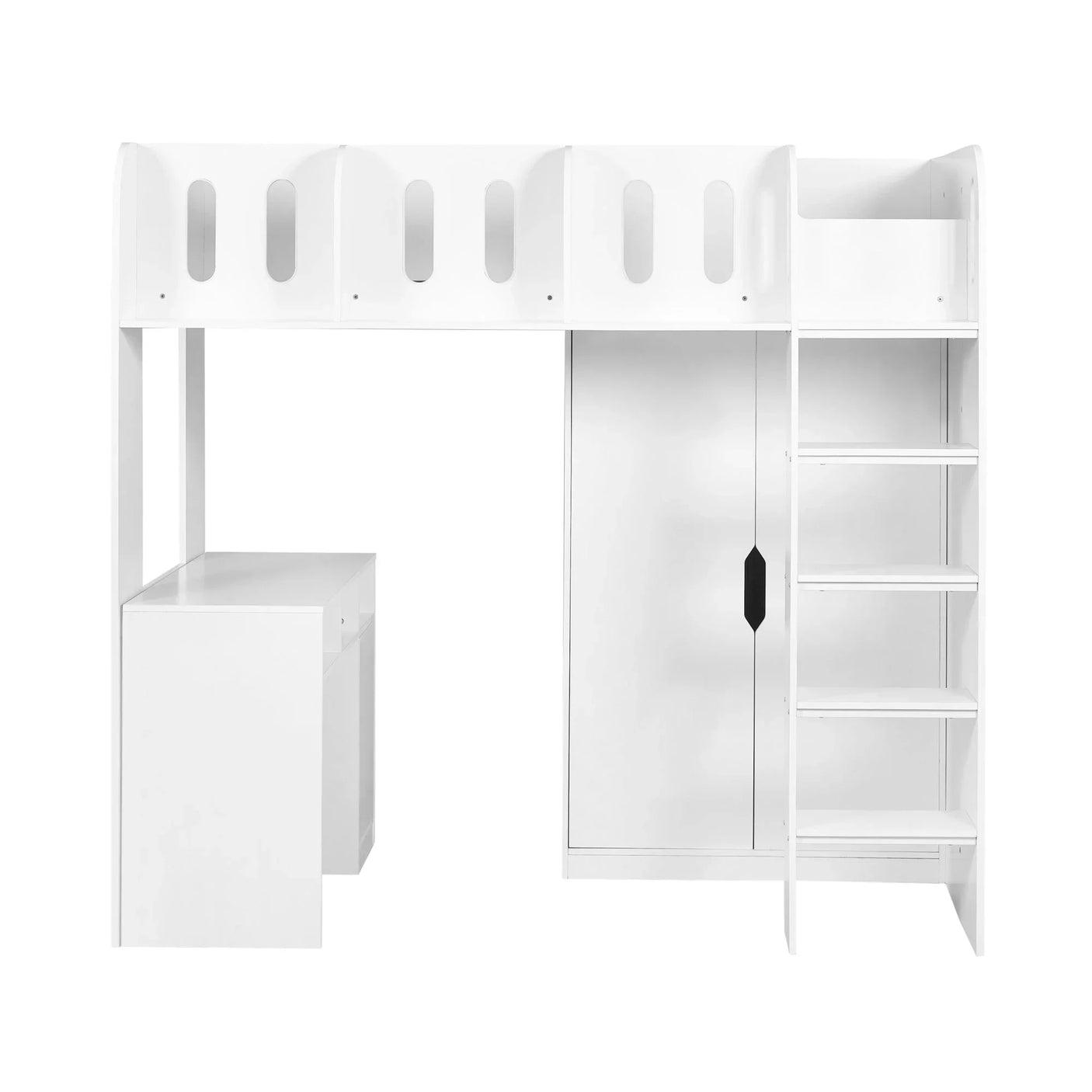 White wooden loft bed with integrated desk, wardrobe and ladder, front view