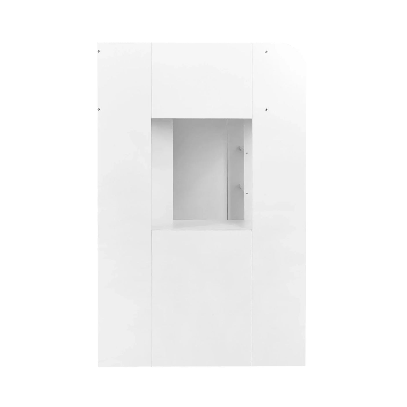 White wooden wardrobe with built-in alcove and minimalist panel design, front view
