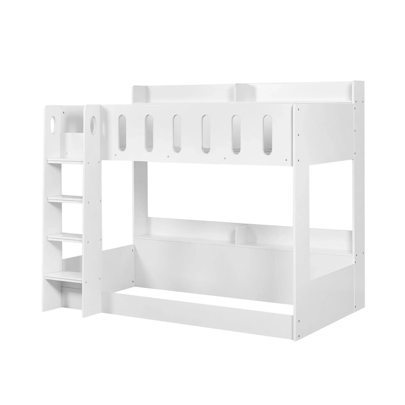 White wooden bunk bed with open shelving and side ladder, shown from a front angle
