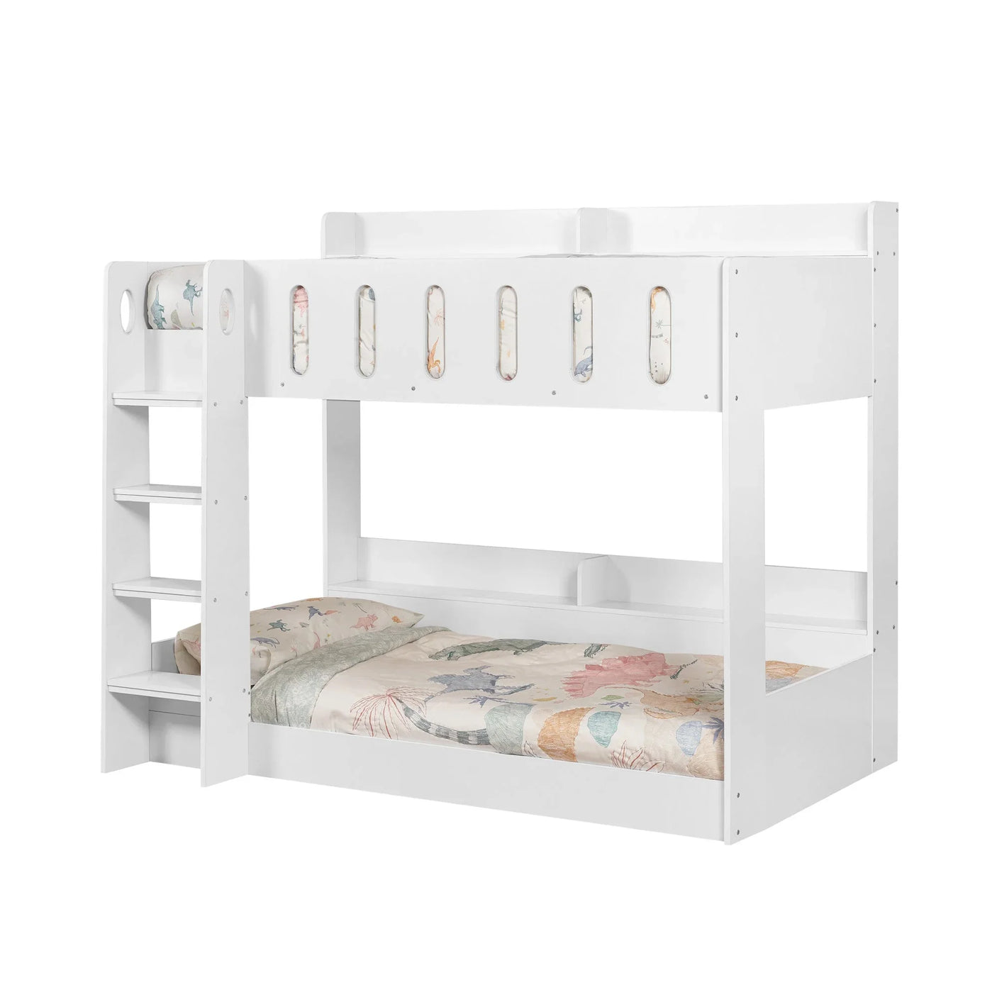 White wooden bunk bed with ladder and cutout safety rails, dressed with pastel bedding