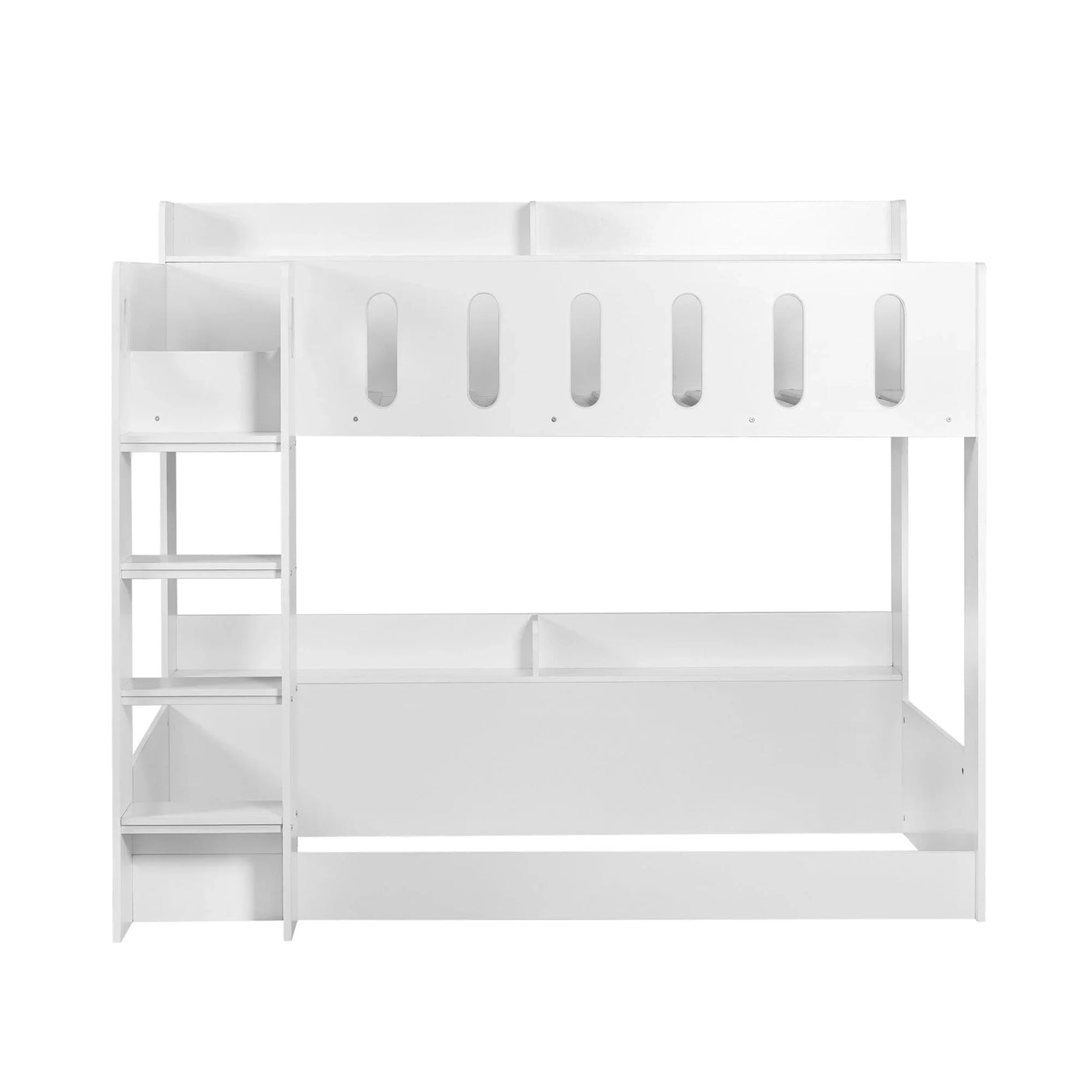 White wooden bunk bed with storage shelves and side ladder