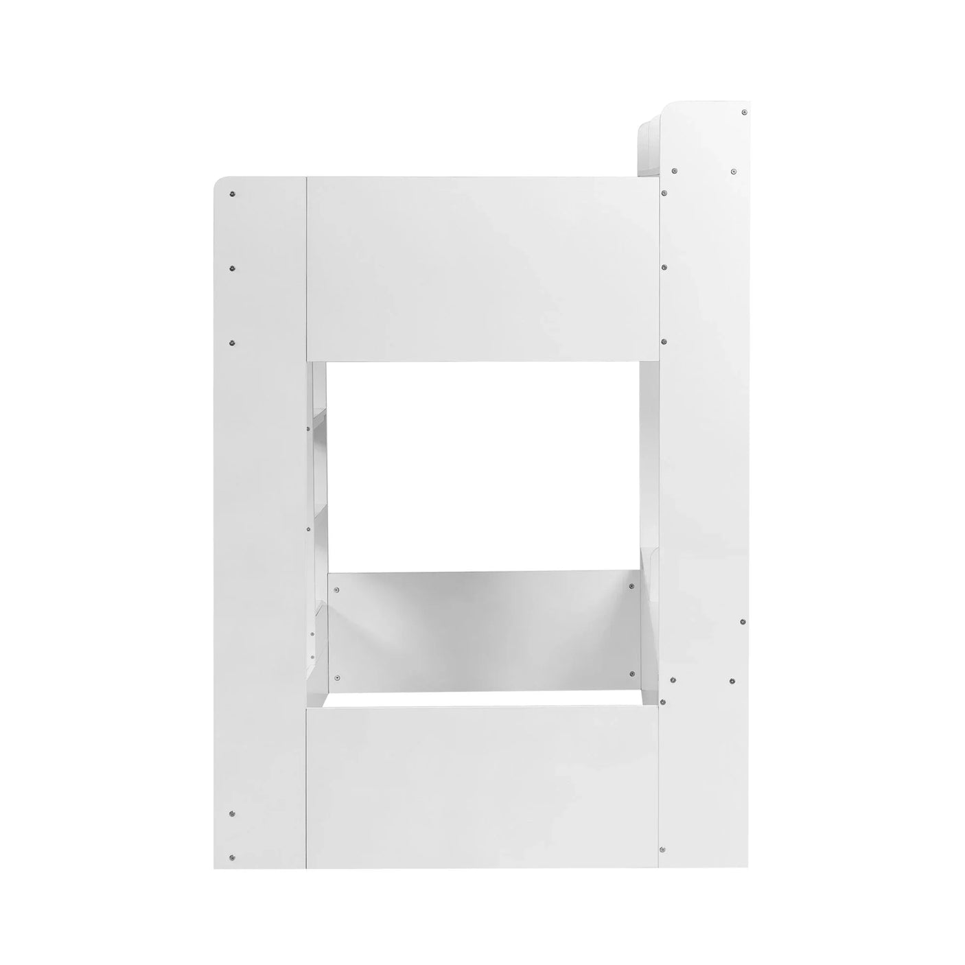 Side view of white wooden bunk bed frame with modern panel design