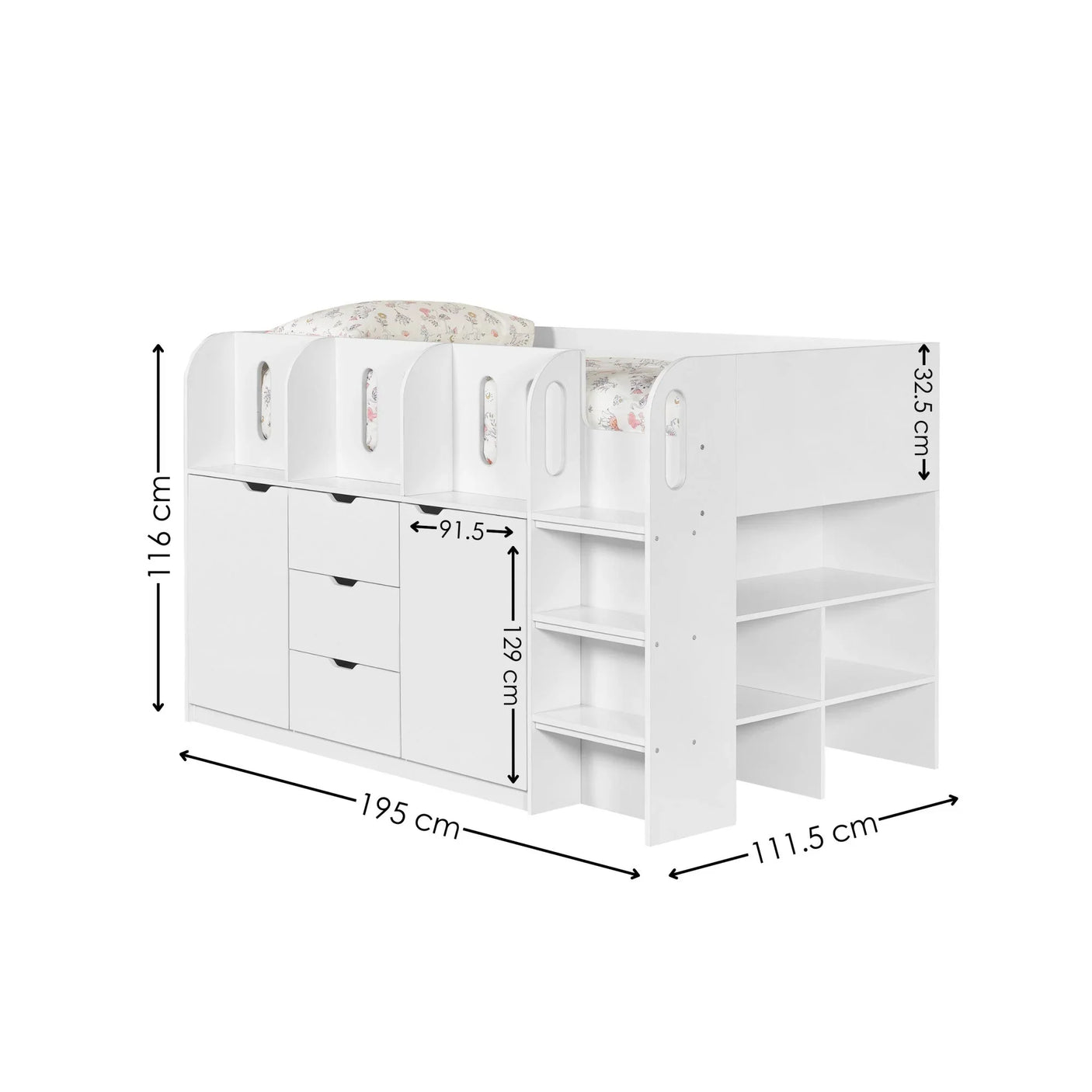 White cabin bed with storage drawers, open shelves, and staircase, shown with size dimensions