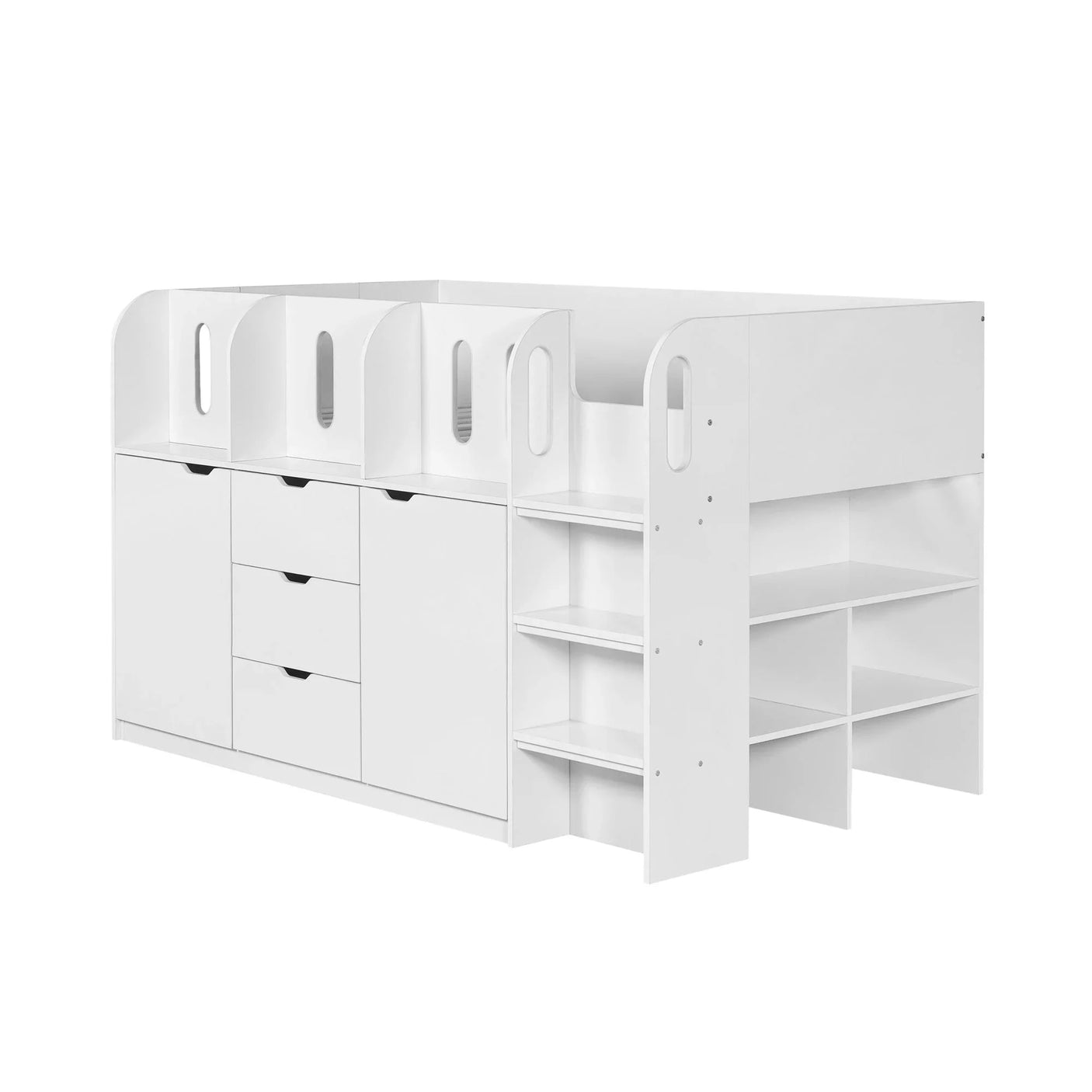White mid sleeper cabin bed with drawers, shelves and integrated ladder