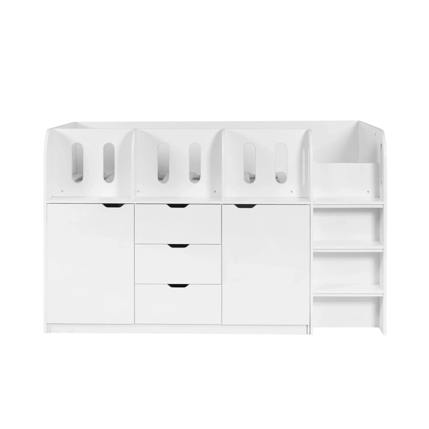 White children's storage bed with drawers, cabinet, side shelves and built-in safety rails