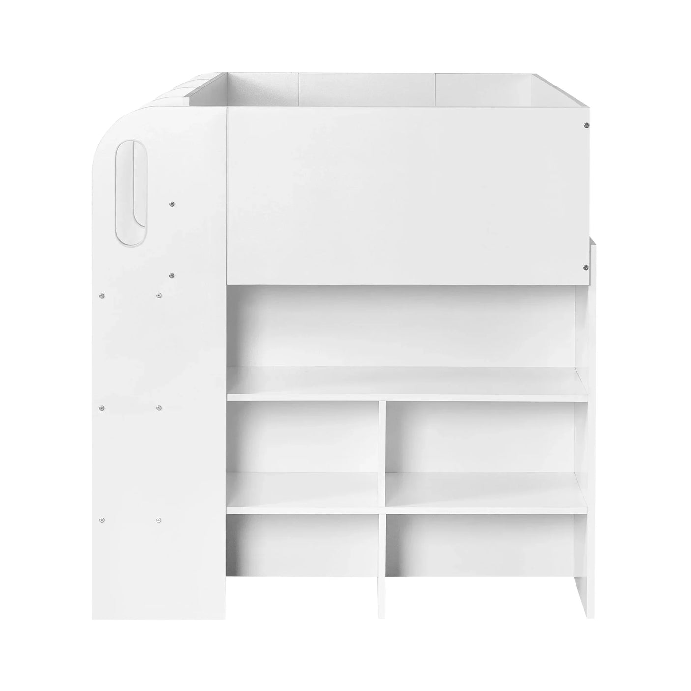 White mid sleeper cabin bed with integrated open shelving and storage compartments