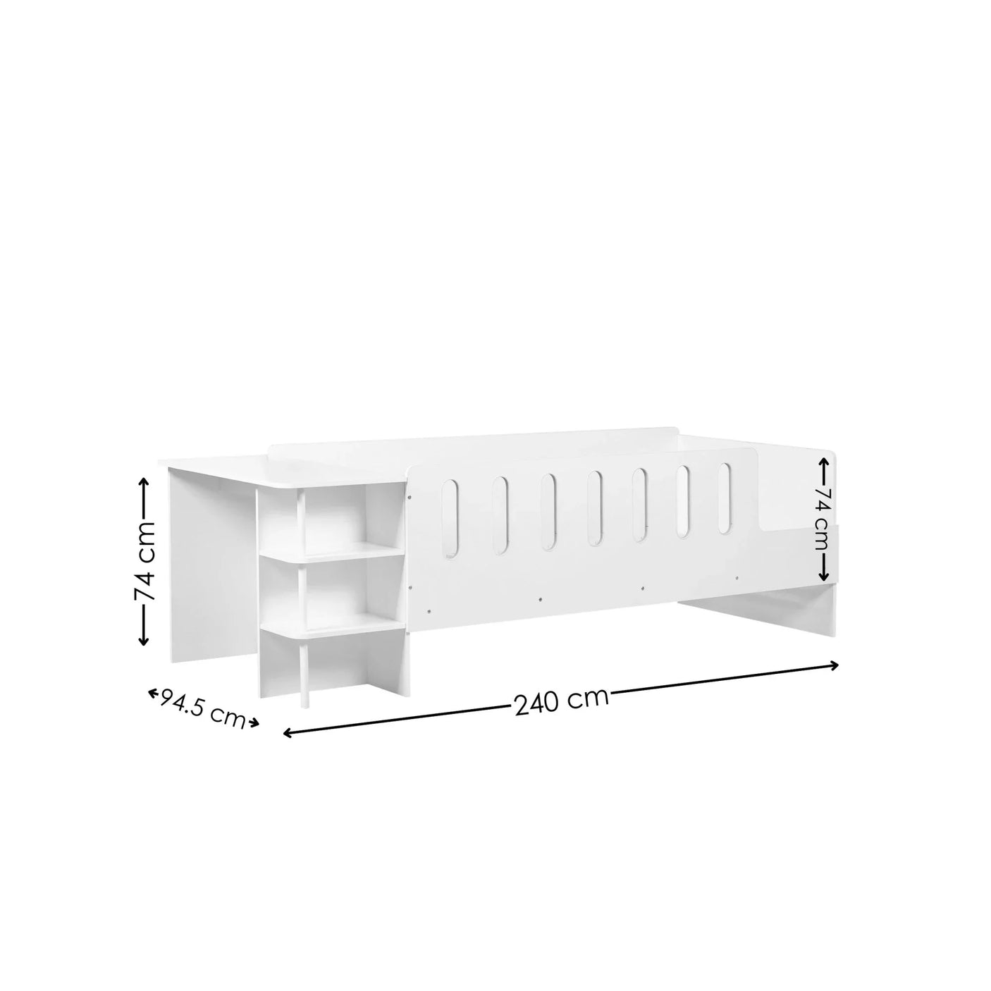 white kids bed frame with built-in shelves and guard rail, dimensions labeled in centimeters