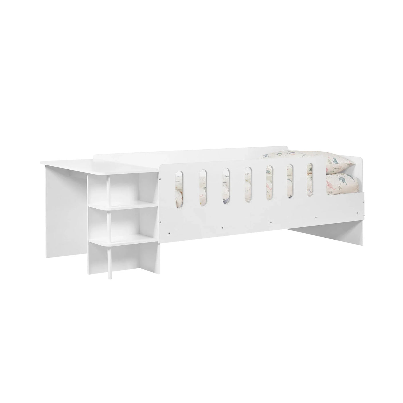 White mid sleeper kids bed with built-in shelves and safety guard rails, side angle view