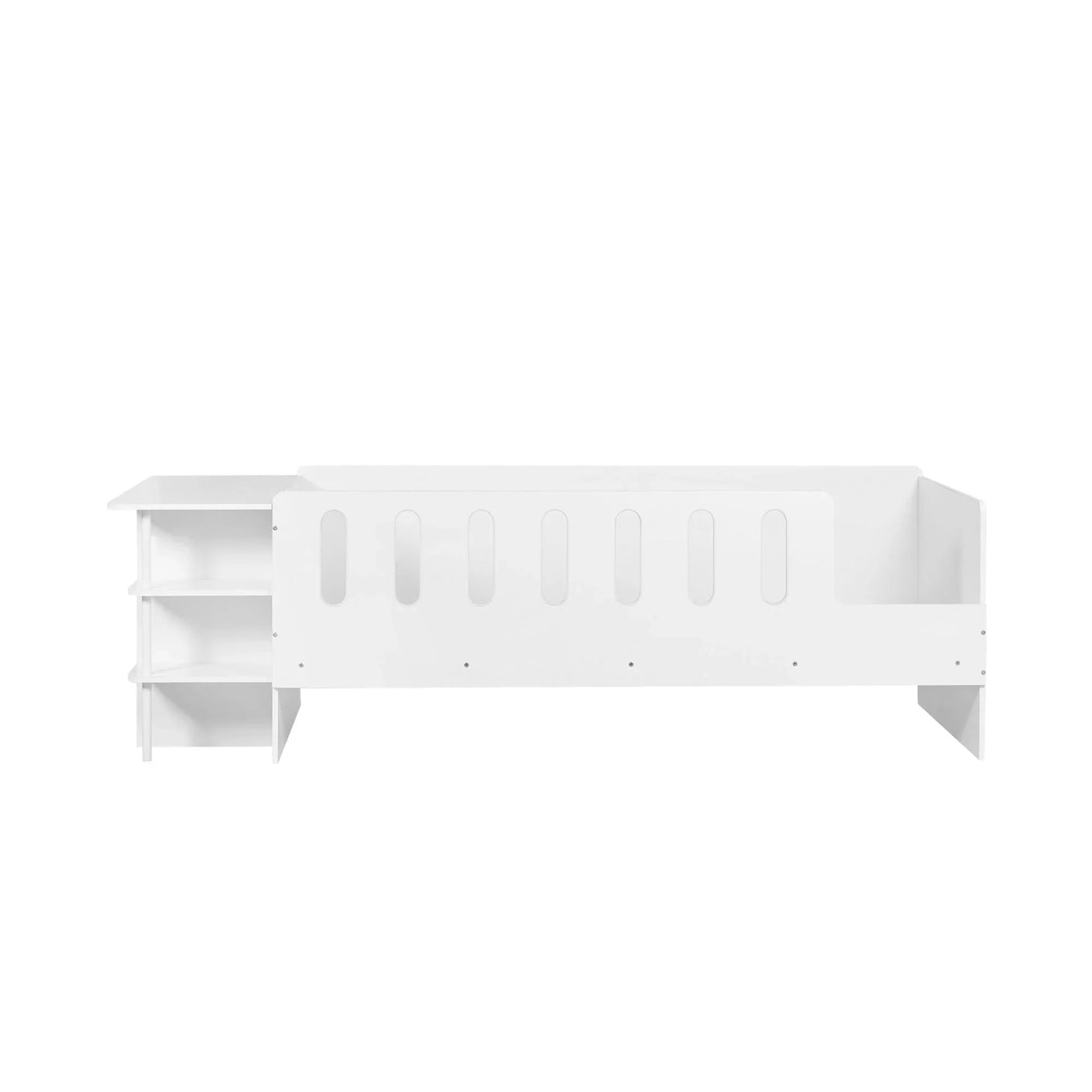 White kids bed with safety rail and integrated side shelving unit