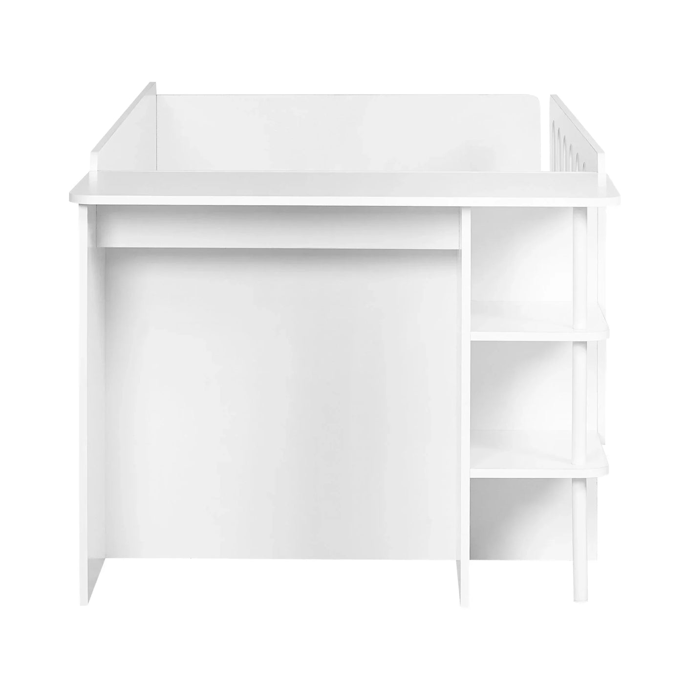 White wooden kids bed frame with integrated side storage shelves, front view