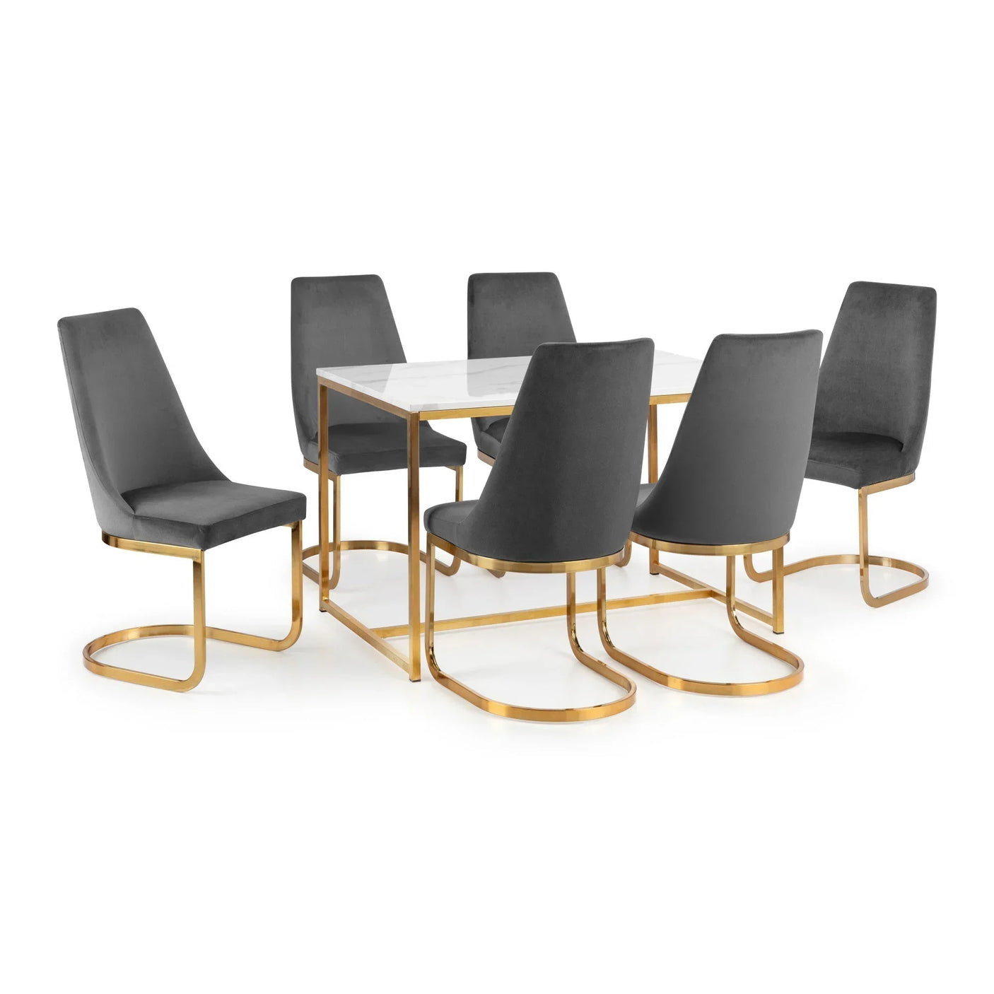 Marble dining table with gold frame and six grey velvet chairs with gold legs