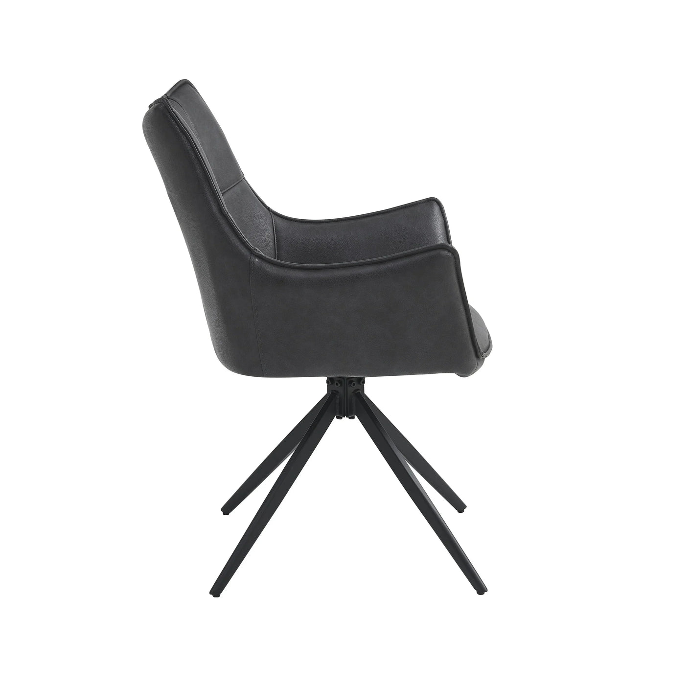 Side view of black dining chair with padded seat and metal legs