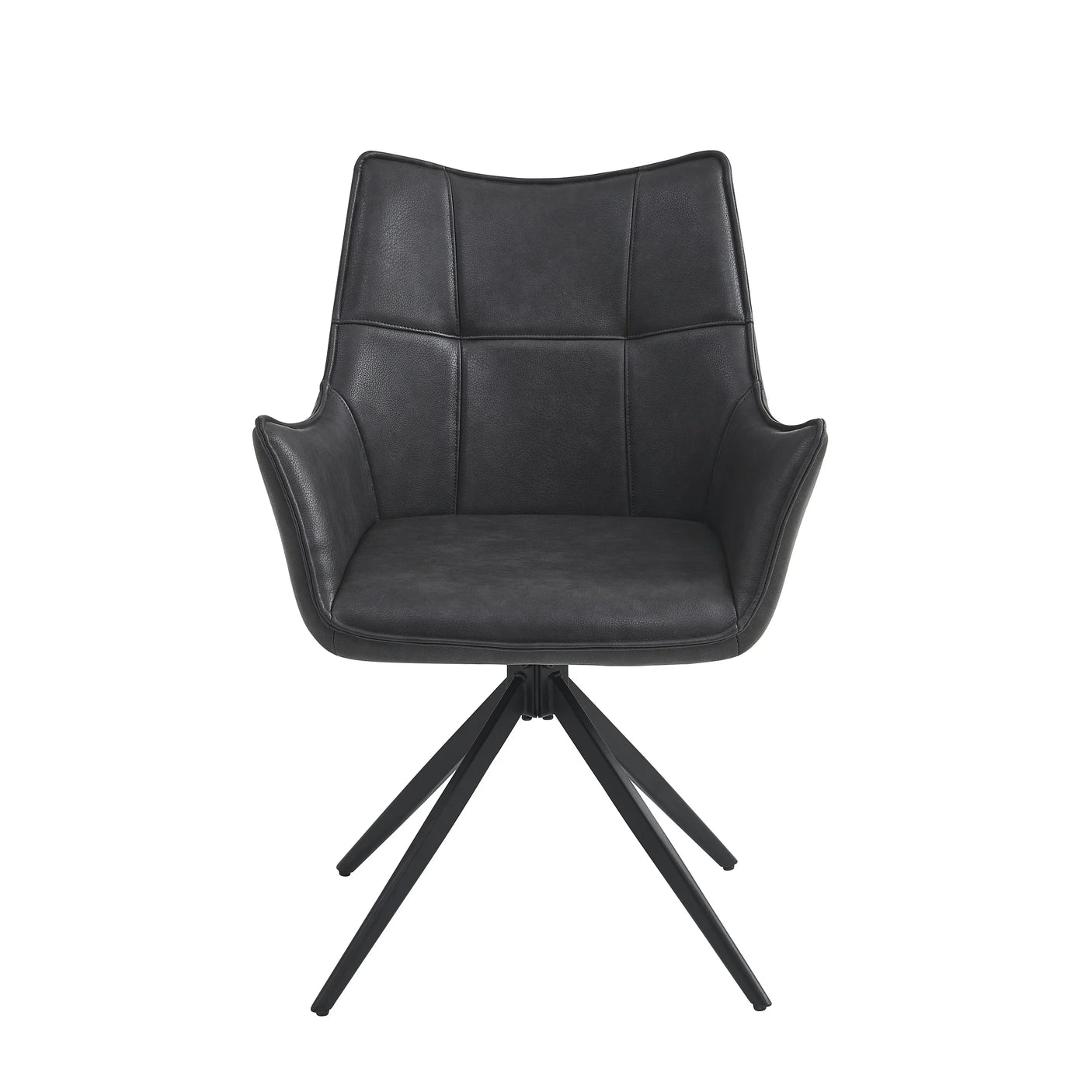 Black faux leather dining chair with padded seat and metal swivel base, front facing view