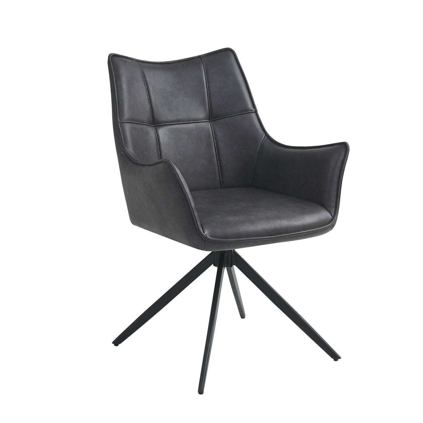 Black swivel dining chair with padded seat, metal legs and armrests, angled front view