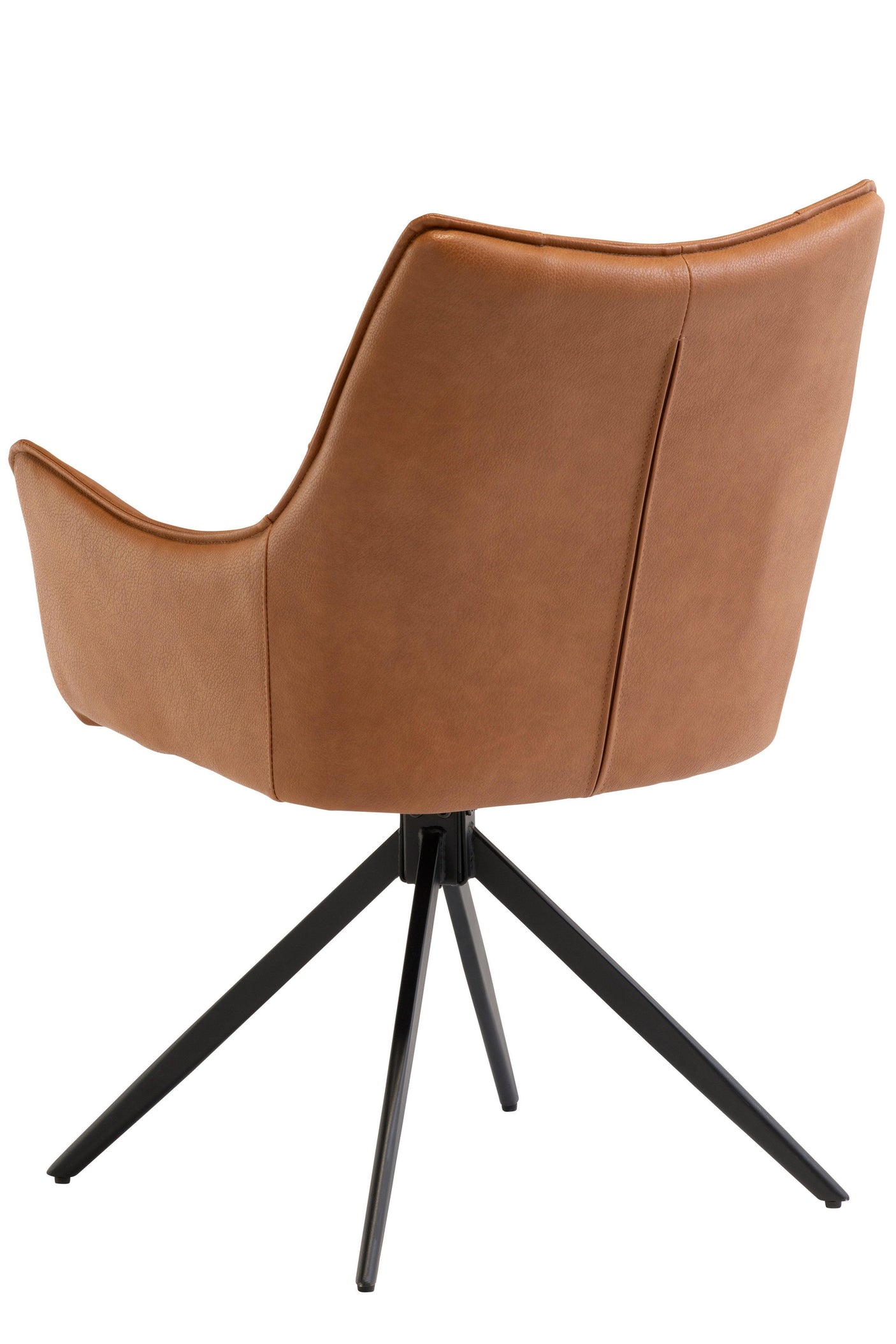 Tan faux leather dining chair with black metal legs, rear view