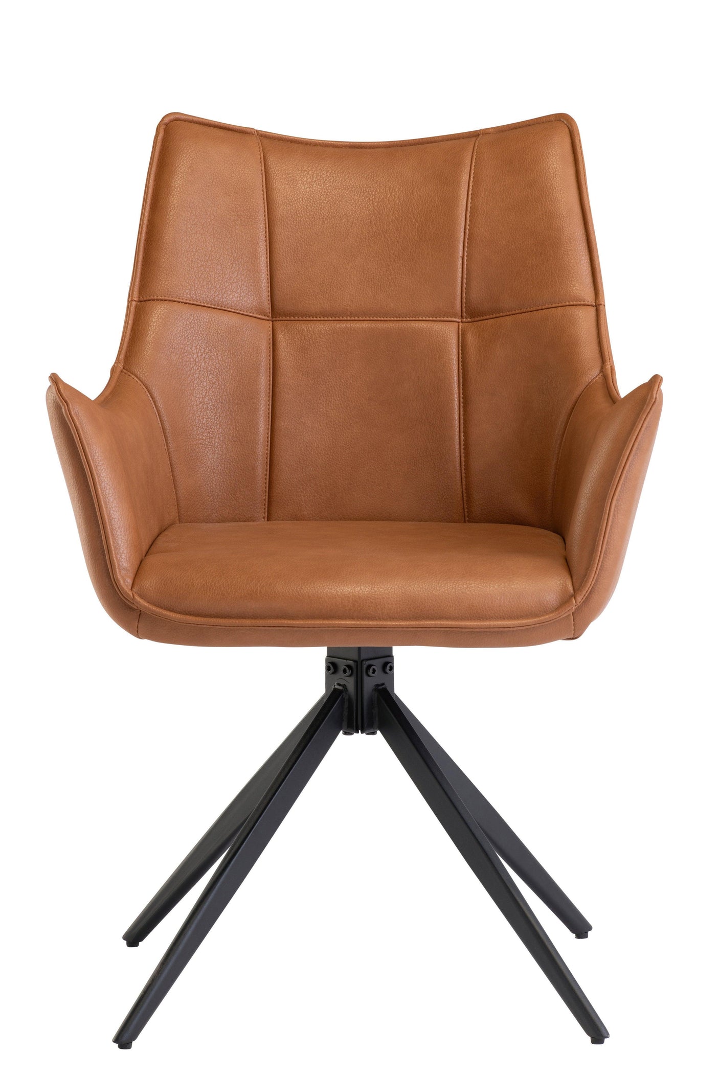 Brown leather dining chair with padded seat and black metal legs, front view