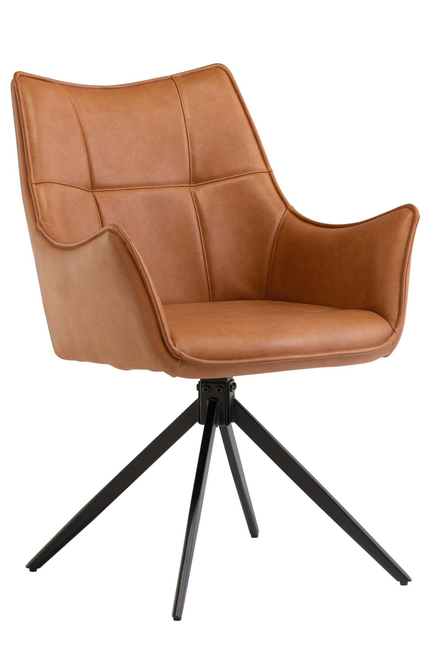 Tan leather effect armchair with black metal legs and stitched seat detail