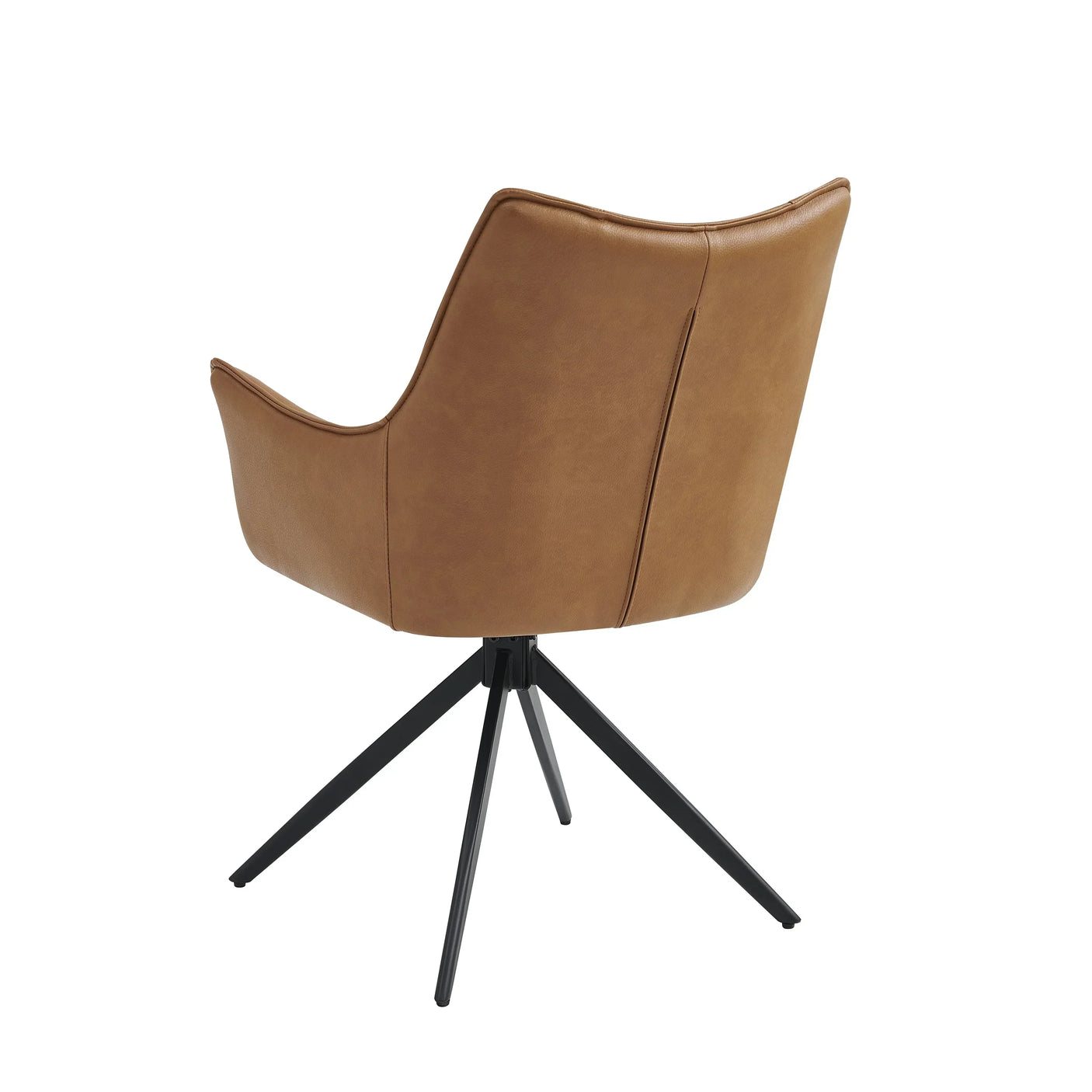 Brown leather dining chair with black metal legs, rear view