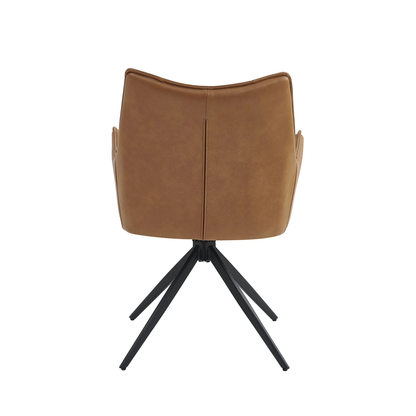 Back view of brown leather chair with black metal legs